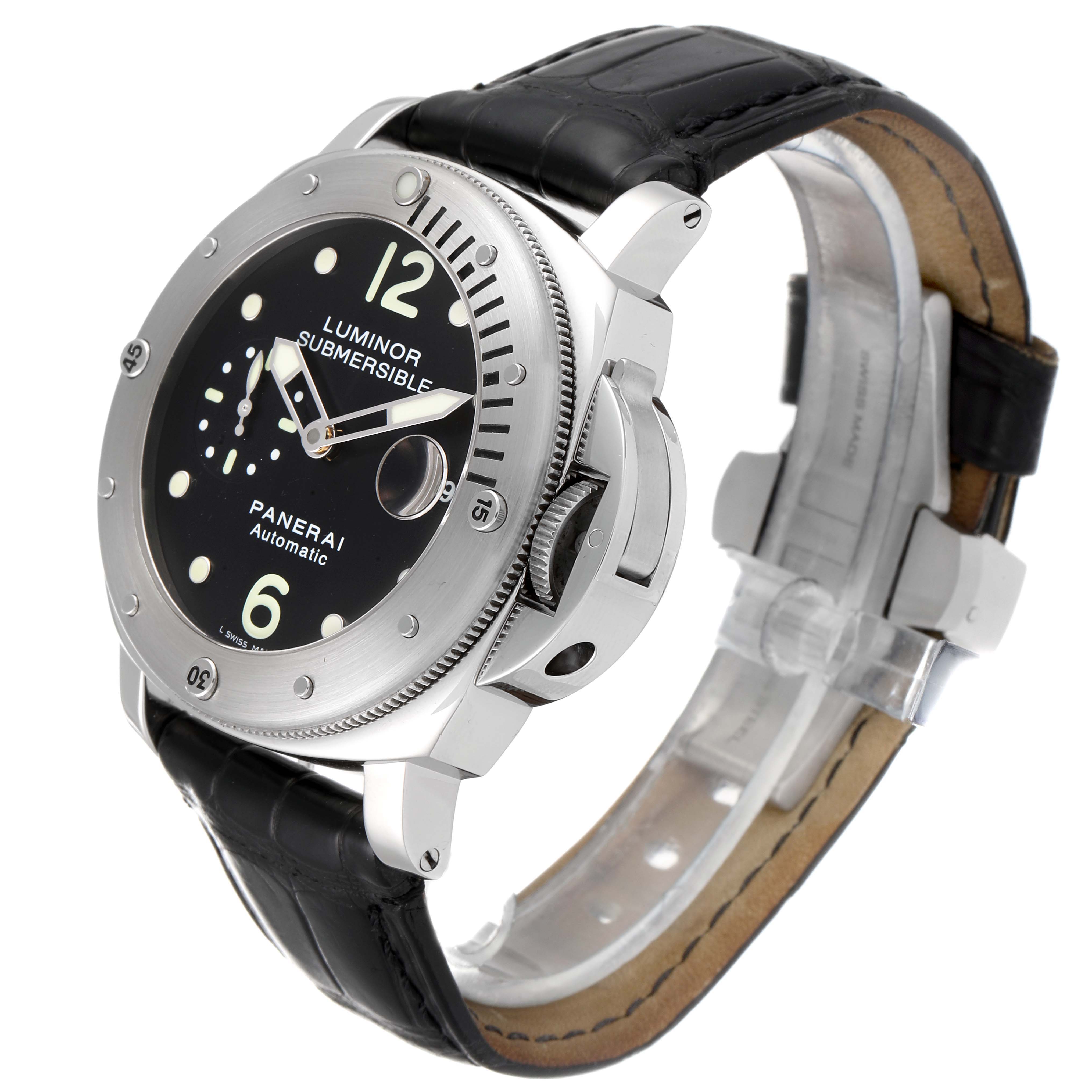 The image shows a Panerai Submersible PAM00024 Men's Stainless Steel Black Dial PAM00024 Men's Stainless Steel Black Dial watch from a three-quarter angle, highlighting the dial, bezel, crown guard, and leather strap.