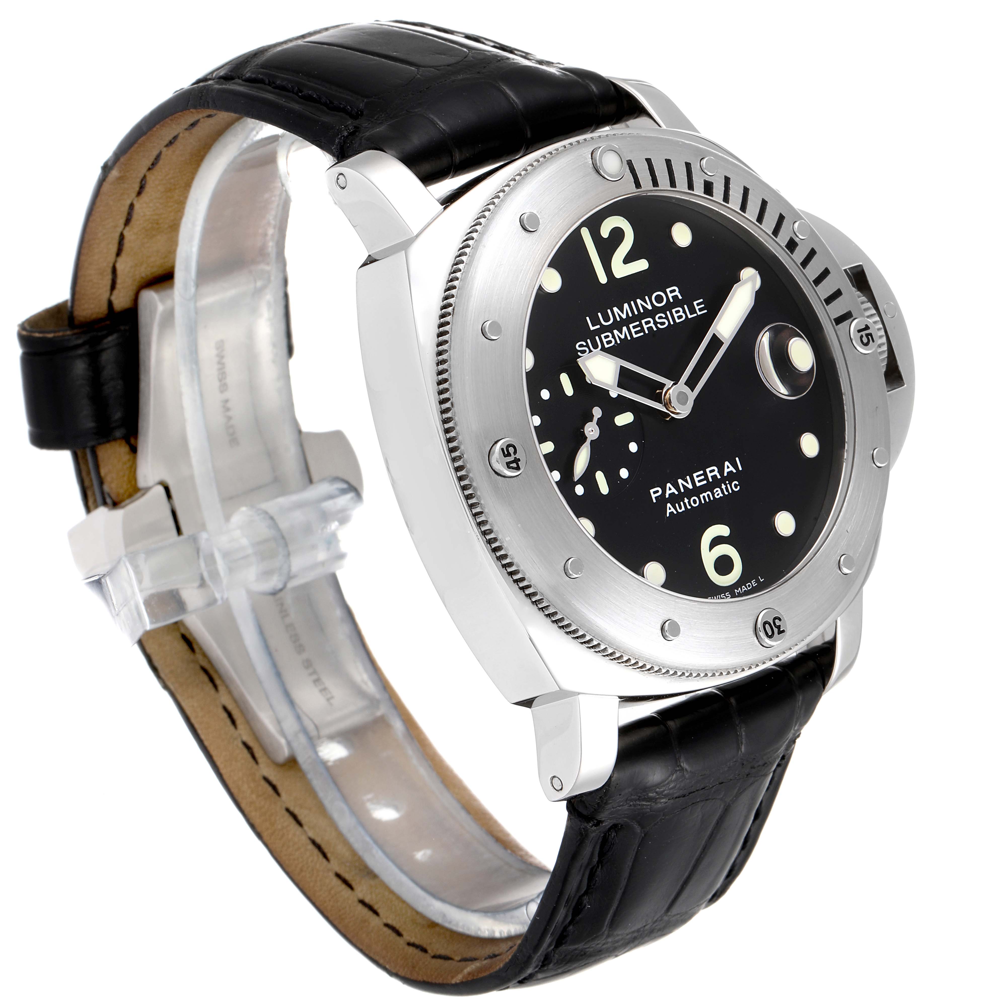 The image shows a Panerai Luminor Submersible watch from a front-left angle, highlighting its face, bezel, and leather strap.