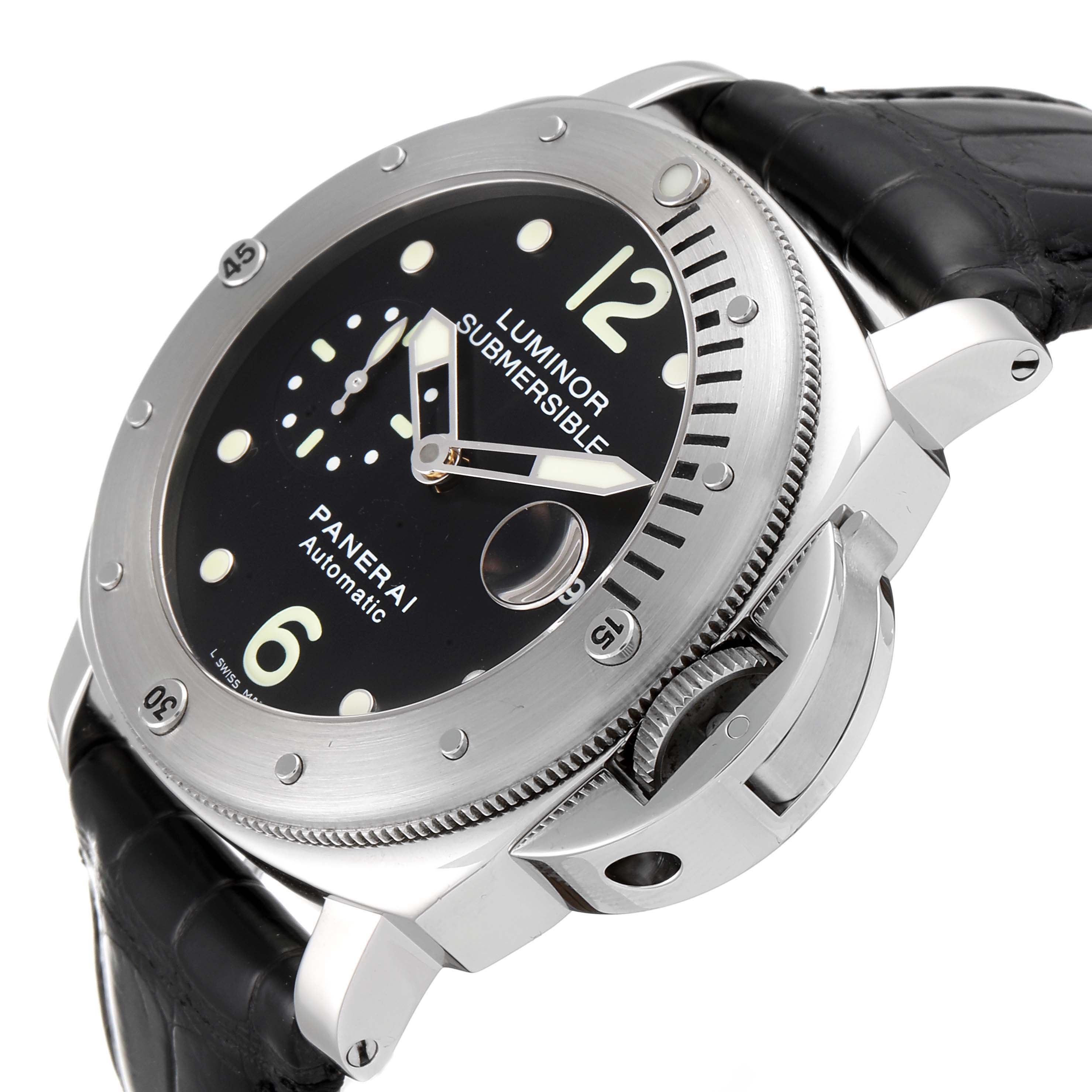 The image shows a close-up, angled view of the Panerai Luminor Submersible watch displaying the face, bezel, crown, and part of the strap.
