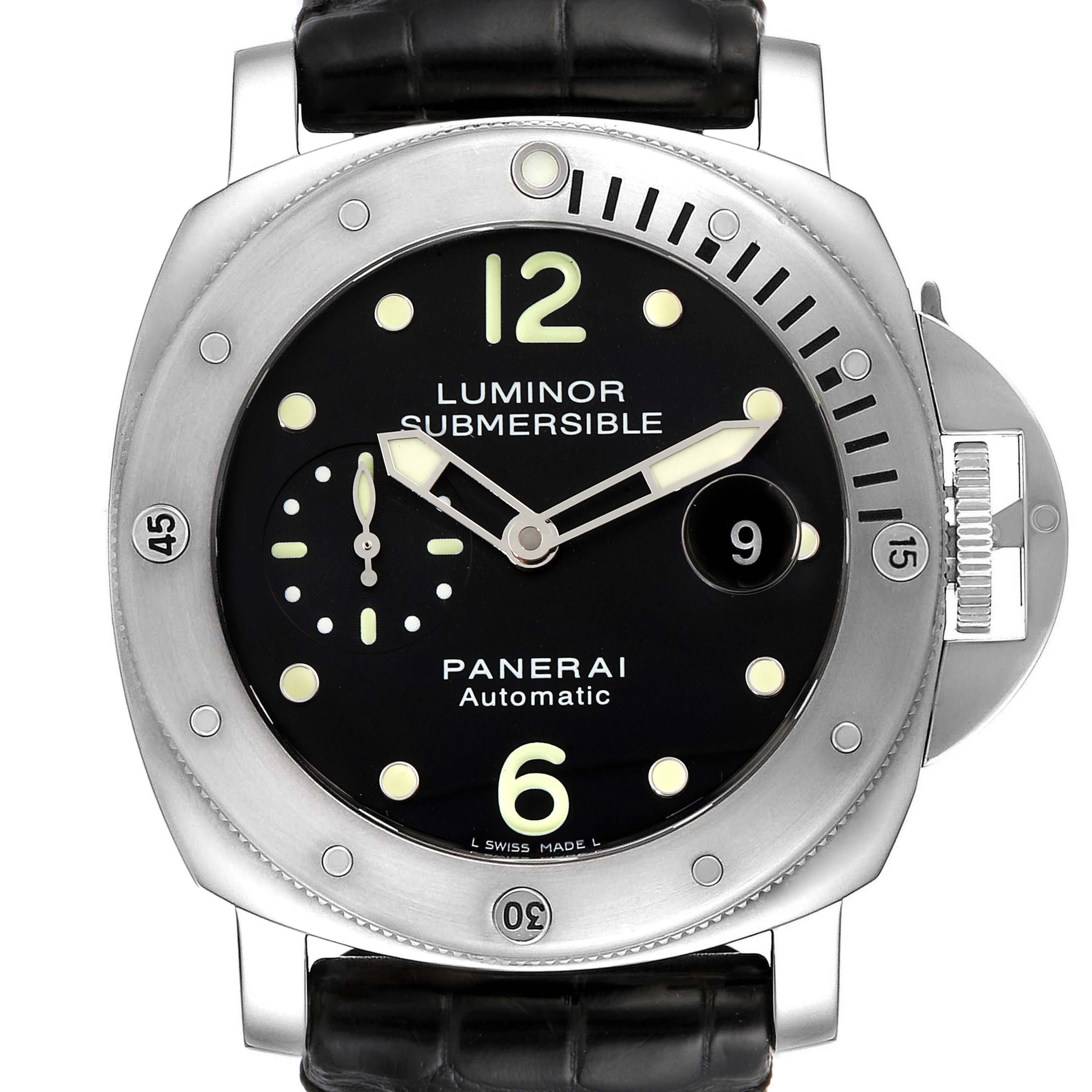 This Panerai Submersible PAM00024 Men's Stainless Steel Black Dial PAM00024 Men's Stainless Steel Black Dial watch is shown from a front angle, highlighting the dial, bezel, and strap.
