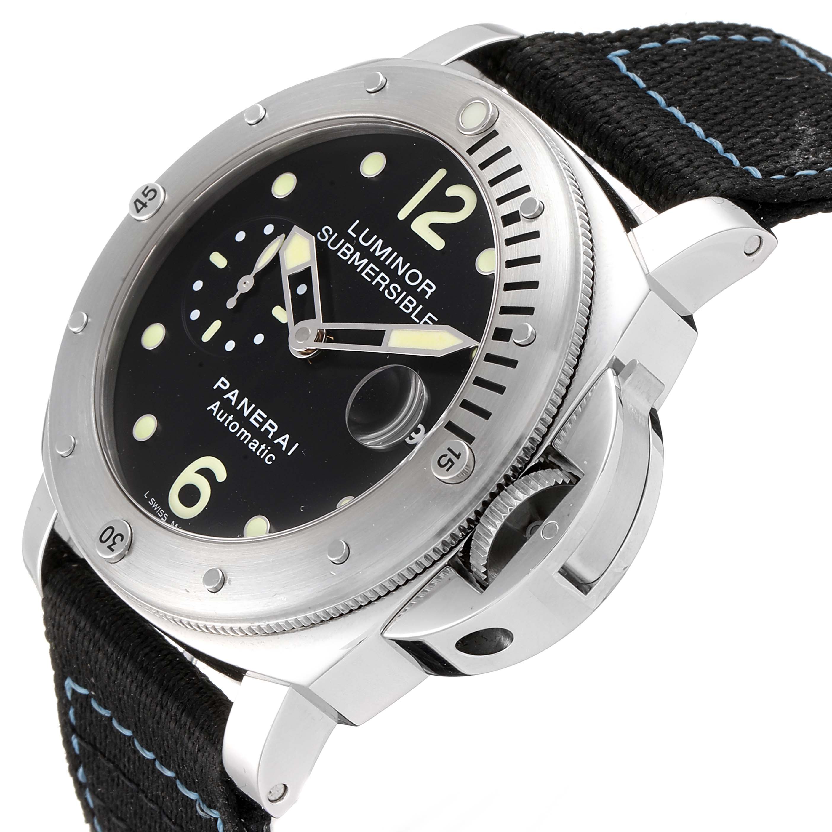 The Panerai Submersible PAM00024 Men's Stainless Steel Black Dial PAM00024 Men's Stainless Steel Black Dial watch is shown from a front-right angle, highlighting its bezel, dial, and crown guard.