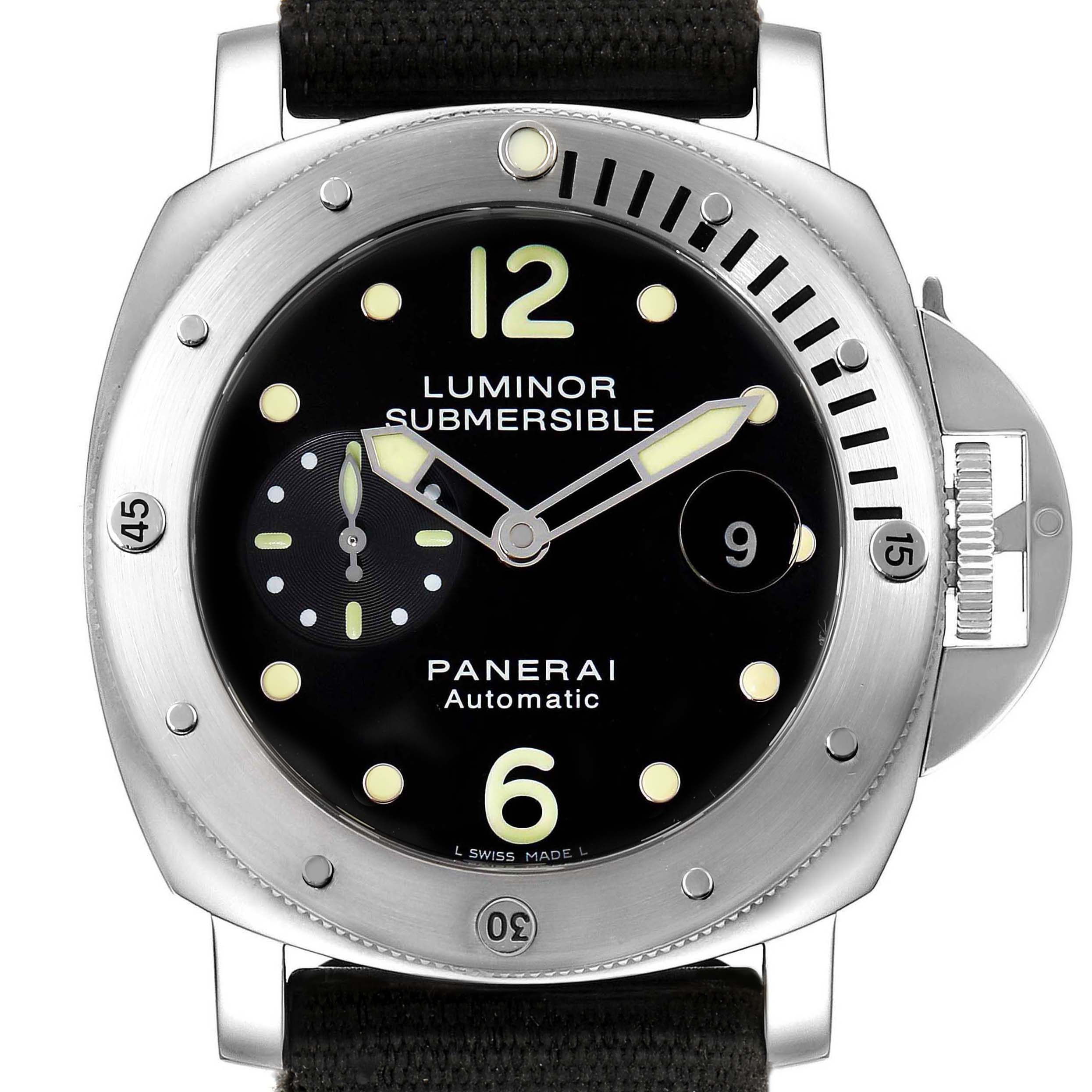 This image shows a front view of a Panerai Luminor Submersible watch, highlighting its dial, bezel, and crown guard.