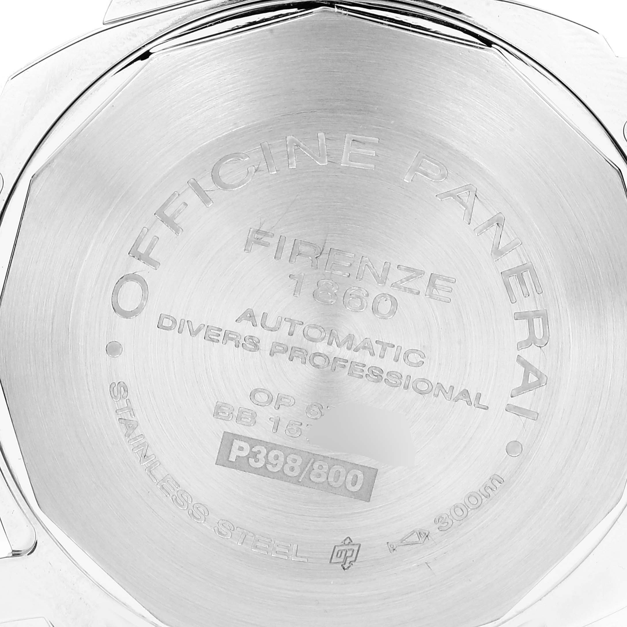 The image shows the rear case back of a Panerai Submersible PAM00024 Men's Stainless Steel Black Dial PAM00024 Men's Stainless Steel Black Dial watch, displaying engravings with specifications.