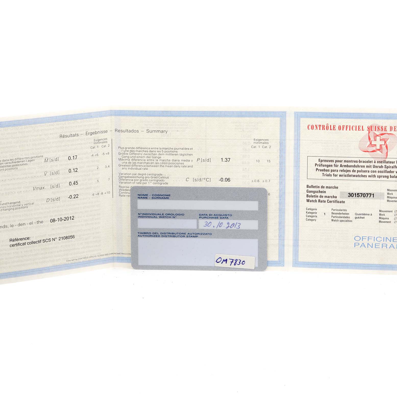 The image displays the warranty card and relevant documents for a Panerai Submersible PAM00024 Men's Stainless Steel Black Dial PAM00024 Men's Stainless Steel Black Dial watch, laid out flat for viewing.