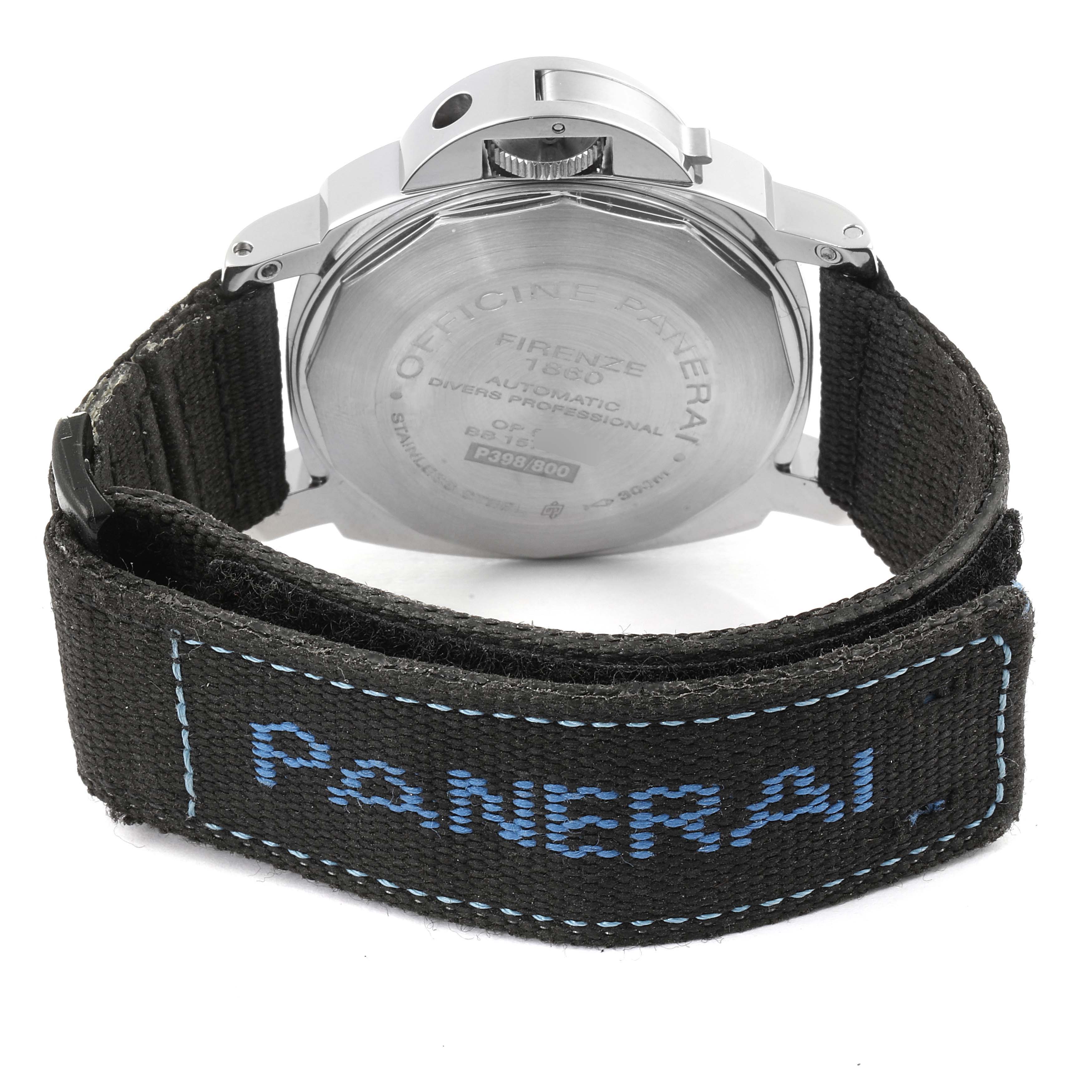 This image shows the back of a Panerai Submersible PAM00024 Men's Stainless Steel Black Dial PAM00024 Men's Stainless Steel Black Dial watch and its attachment featuring the "Panerai" logo on a textile strap.