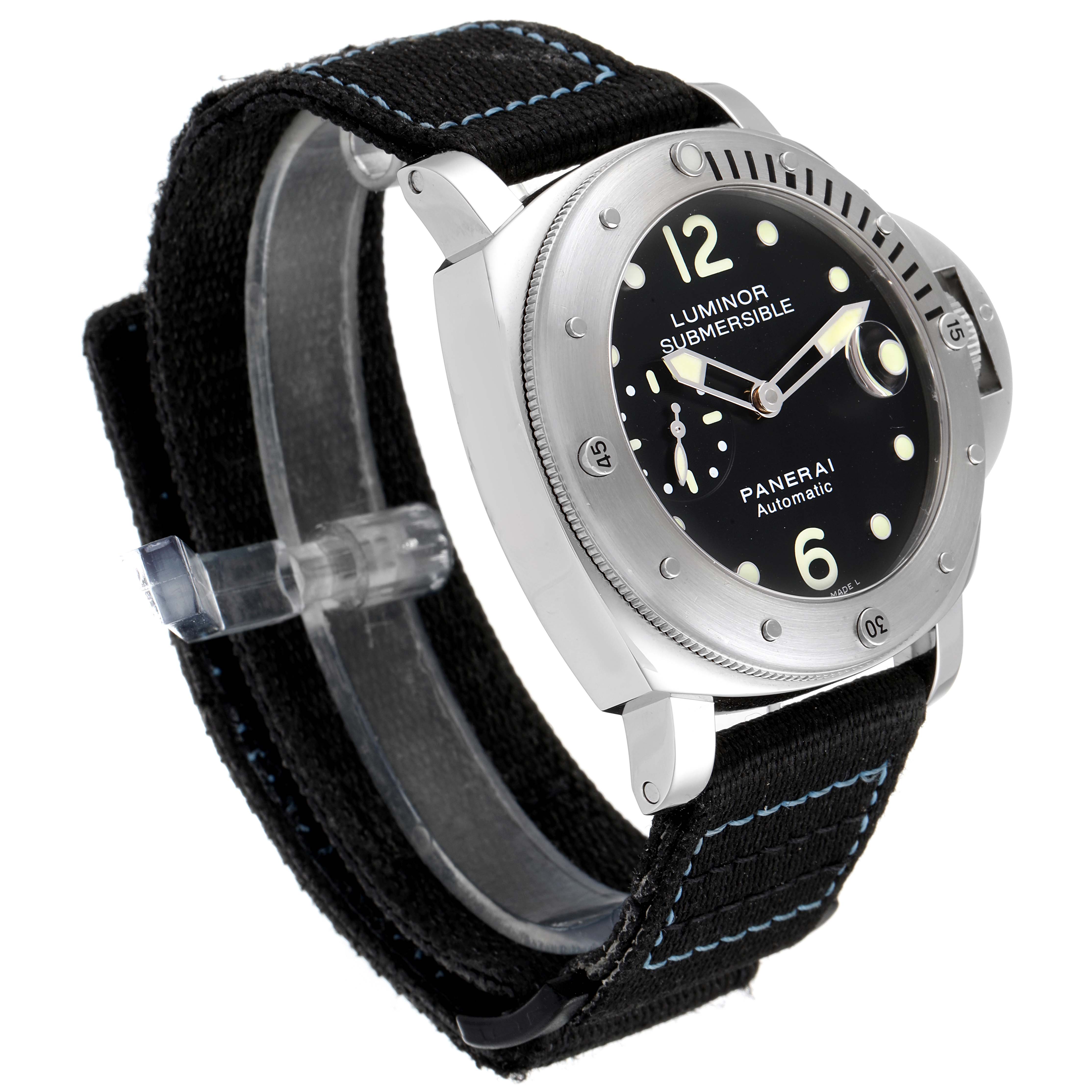 The image shows an angled view of a Panerai Luminor Submersible watch, highlighting the dial, bezel, and strap.