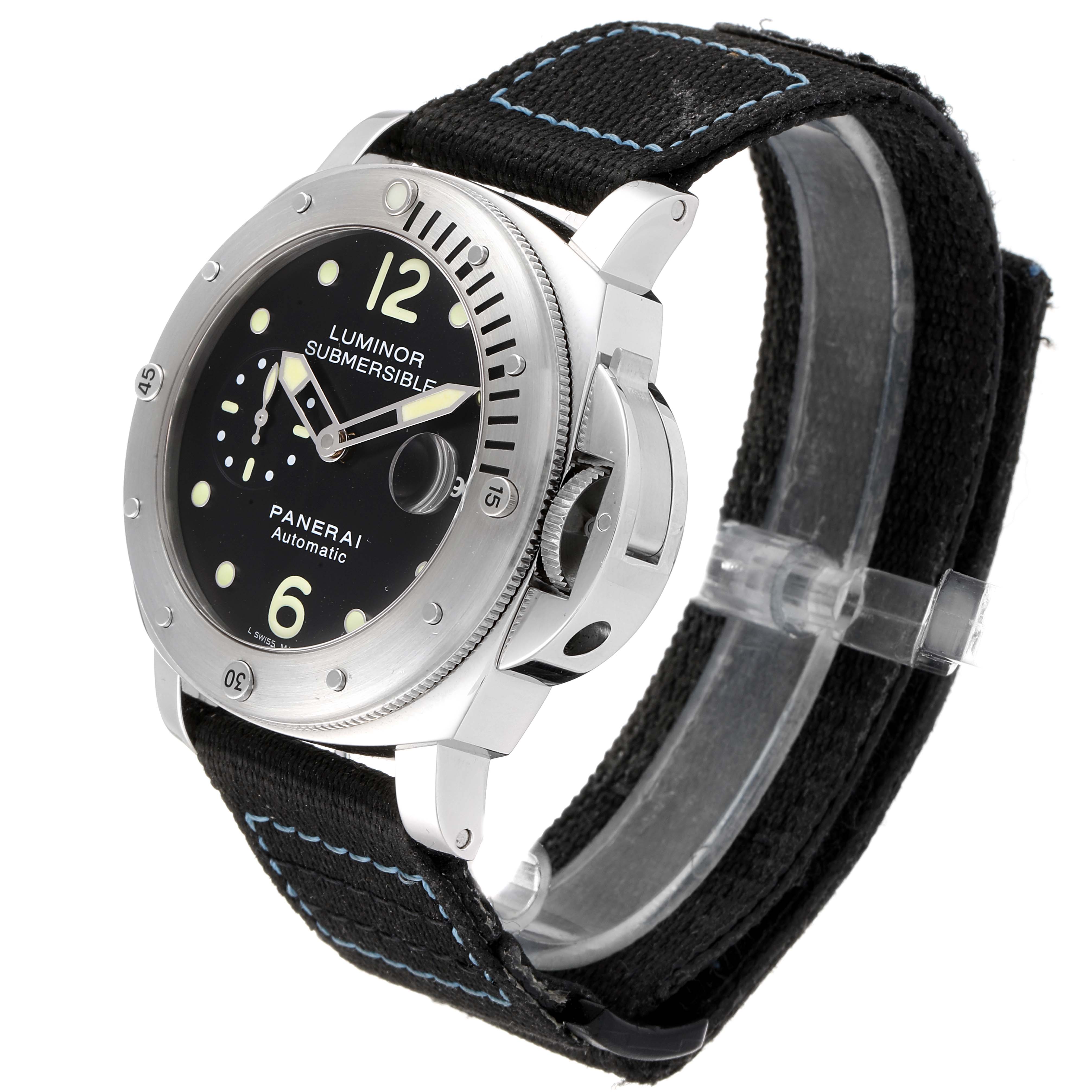 The image shows a Panerai Luminor Submersible watch at a 3/4 angle, highlighting the dial, bezel, crown guard, and strap.