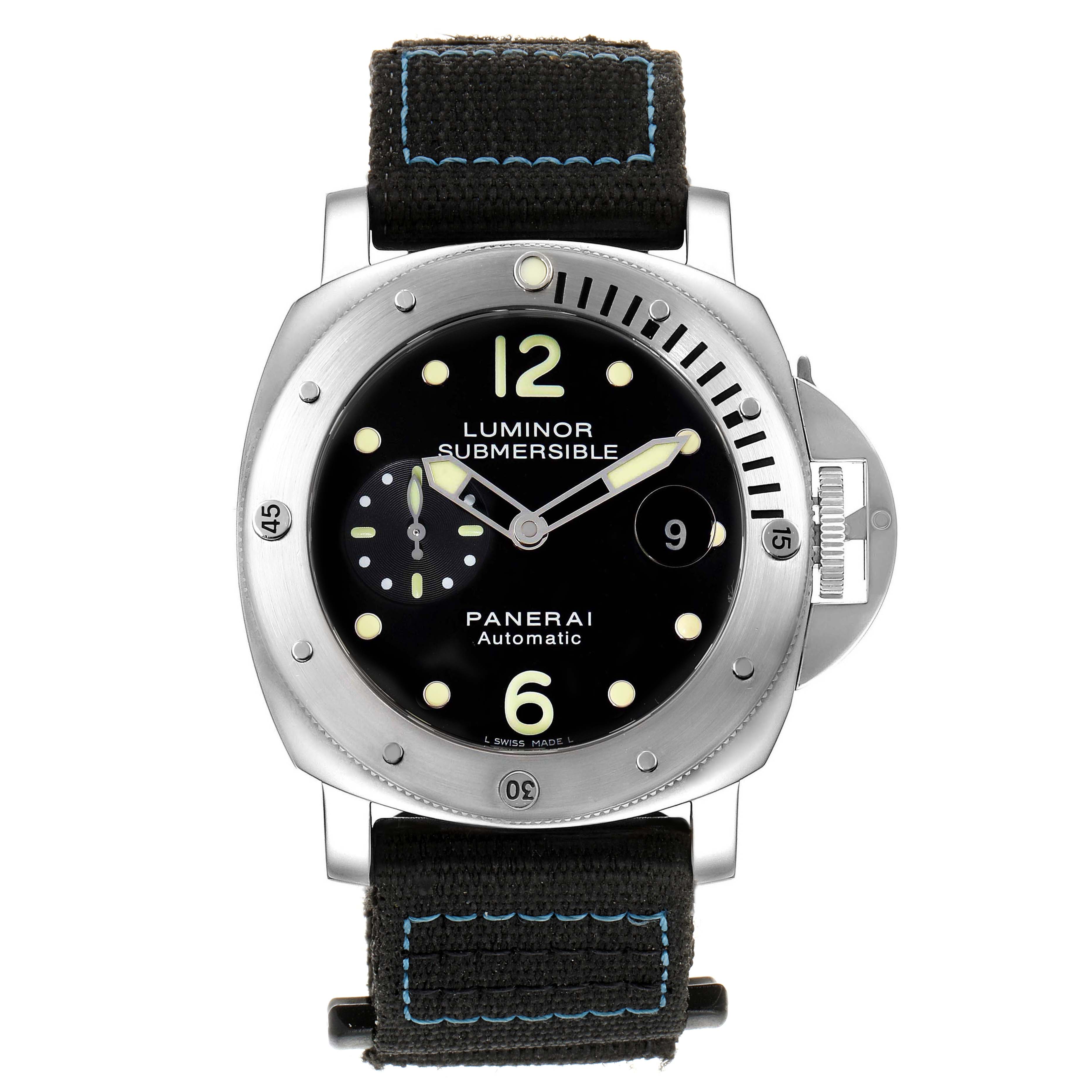 The Panerai Submersible PAM00024 Men's Stainless Steel Black Dial PAM00024 Men's Stainless Steel Black Dial model is shown from the front, displaying the dial, bezel, and strap.