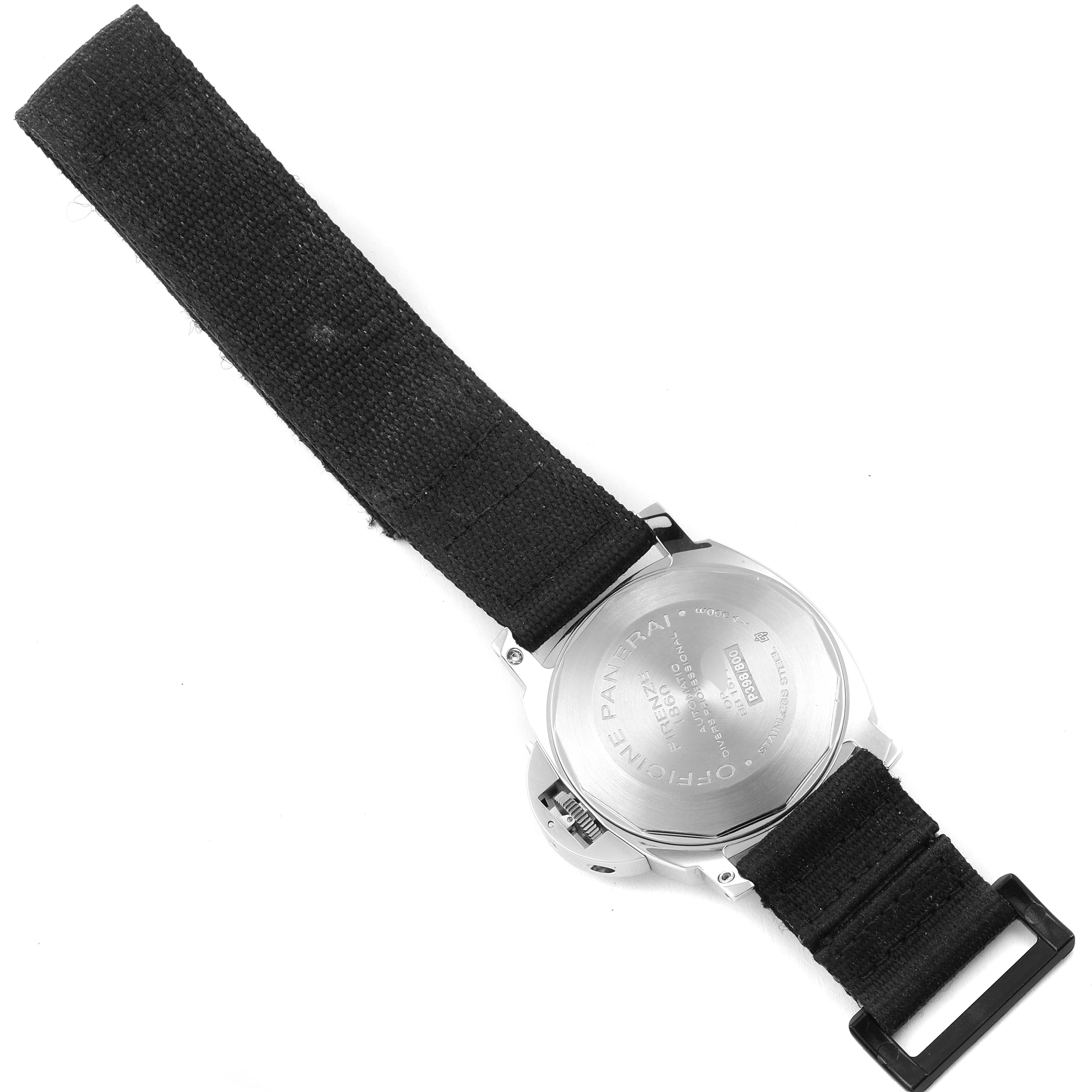 The image shows the back case and strap of a Panerai Submersible PAM00024 Men's Stainless Steel Black Dial PAM00024 Men's Stainless Steel Black Dial watch, viewed from the rear.