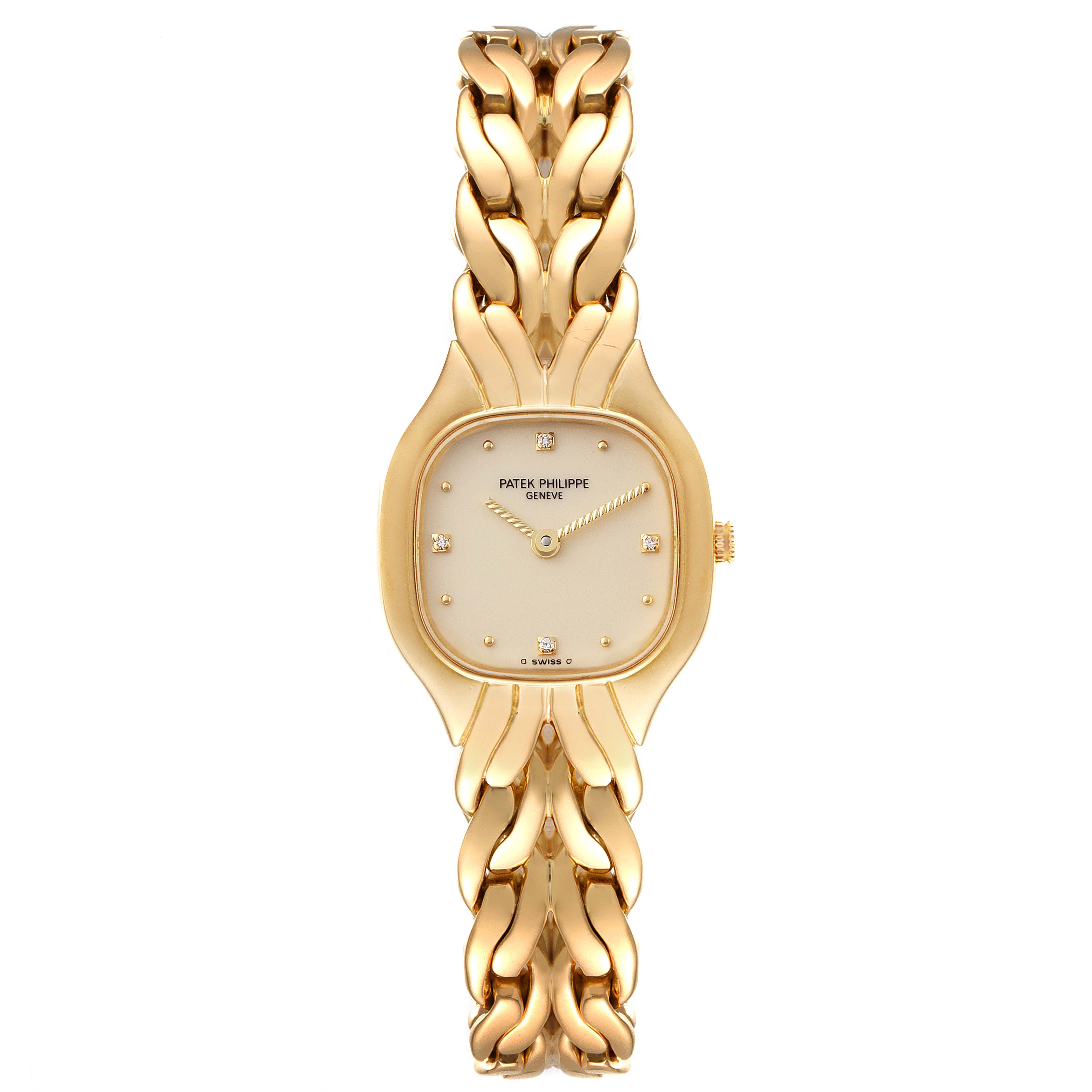 This is a top view of the Patek Philippe La Flamme  4815/1J Women's Yellow Gold Beige Dial 4815/1J Women's Yellow Gold Beige Dialwatch showing its face, dial, bracelet, and crown.