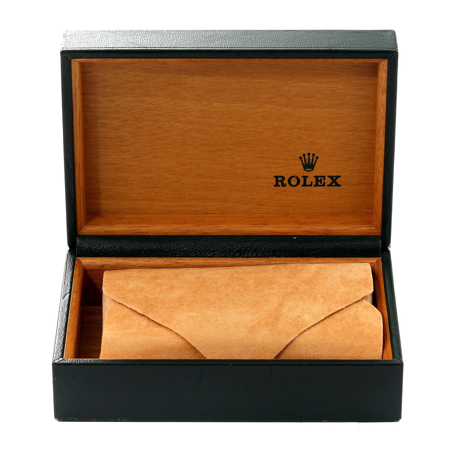 The image shows an open wooden Rolex box and a suede pouch for an Air-King model watch.