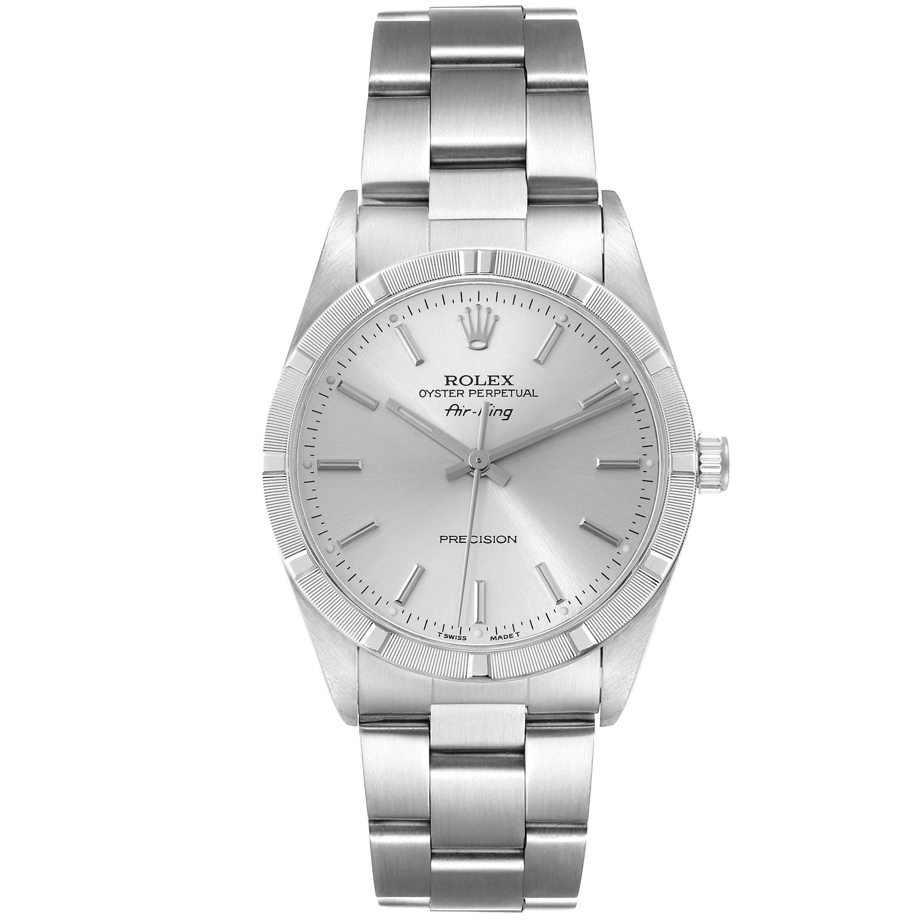 The Rolex Air-King 14010 Men's Stainless Steel Silver Dial 14010 Men's Stainless Steel Silver Dial watch is shown from the front, displaying its silver dial, bezel, and stainless steel bracelet.