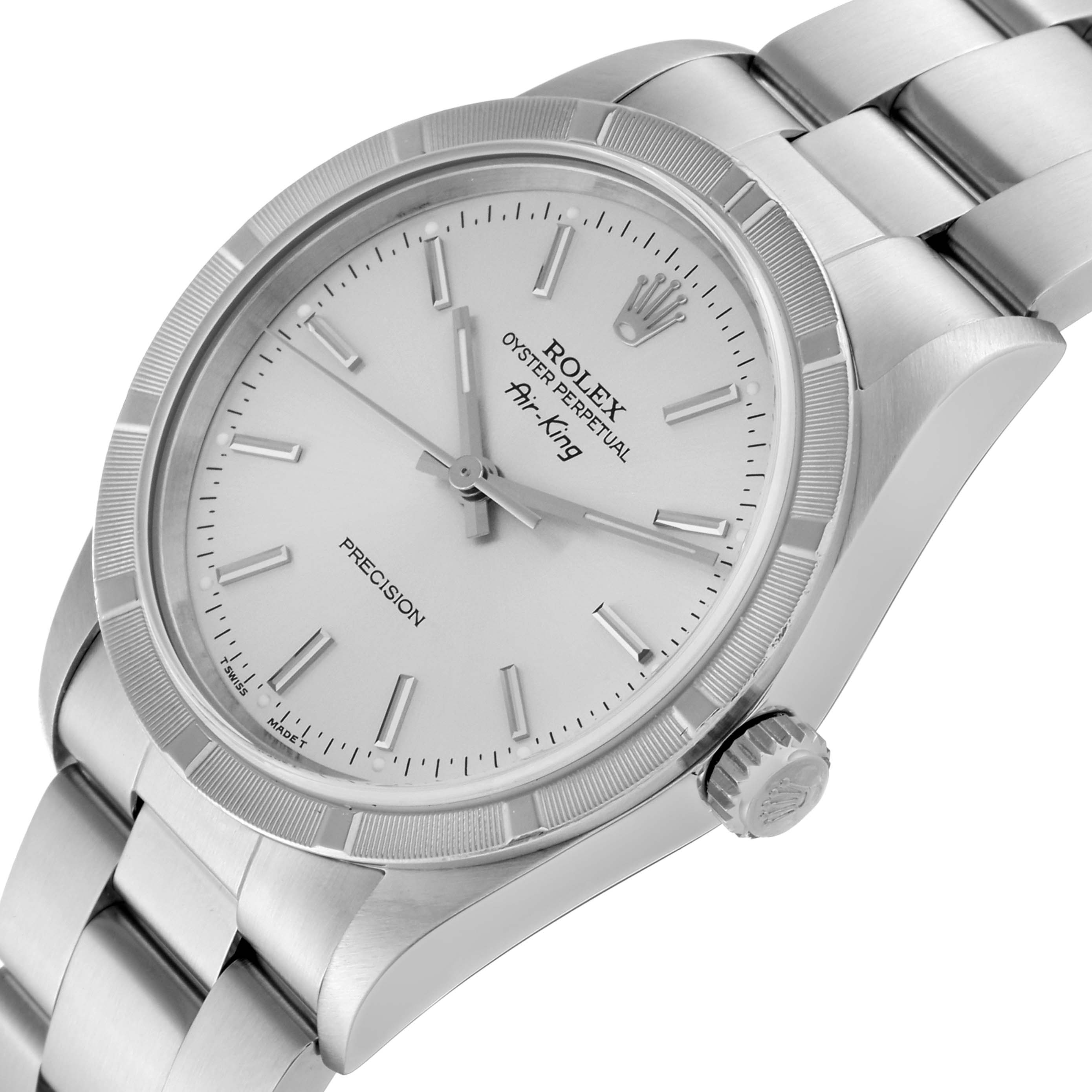 The image shows a close-up of the Rolex Air-King 14010 Men's Stainless Steel Silver Dial 14010 Men's Stainless Steel Silver Dial watch, highlighting the dial, case, and a portion of the bracelet.