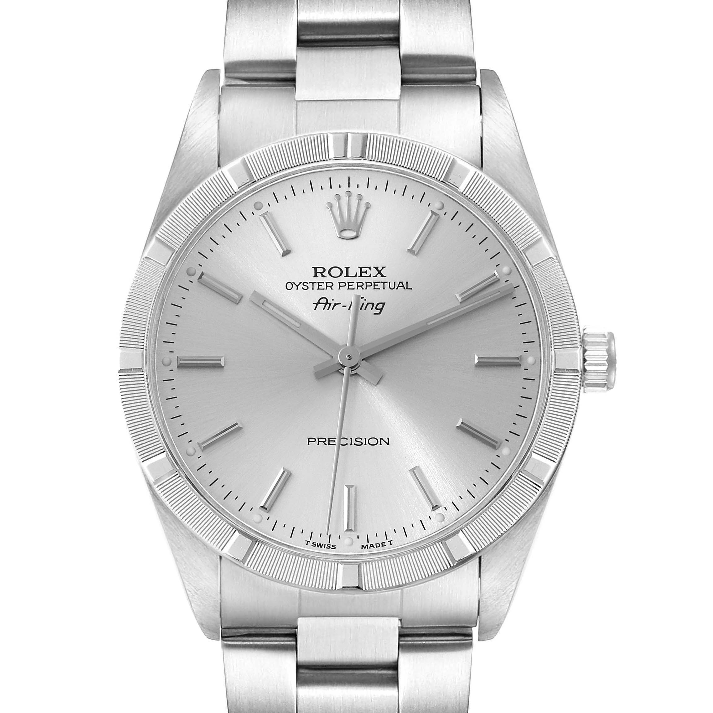 This image shows a front view of the Rolex Air-King 14010 Men's Stainless Steel Silver Dial 14010 Men's Stainless Steel Silver Dial watch, highlighting its face, bezel, and part of the bracelet.