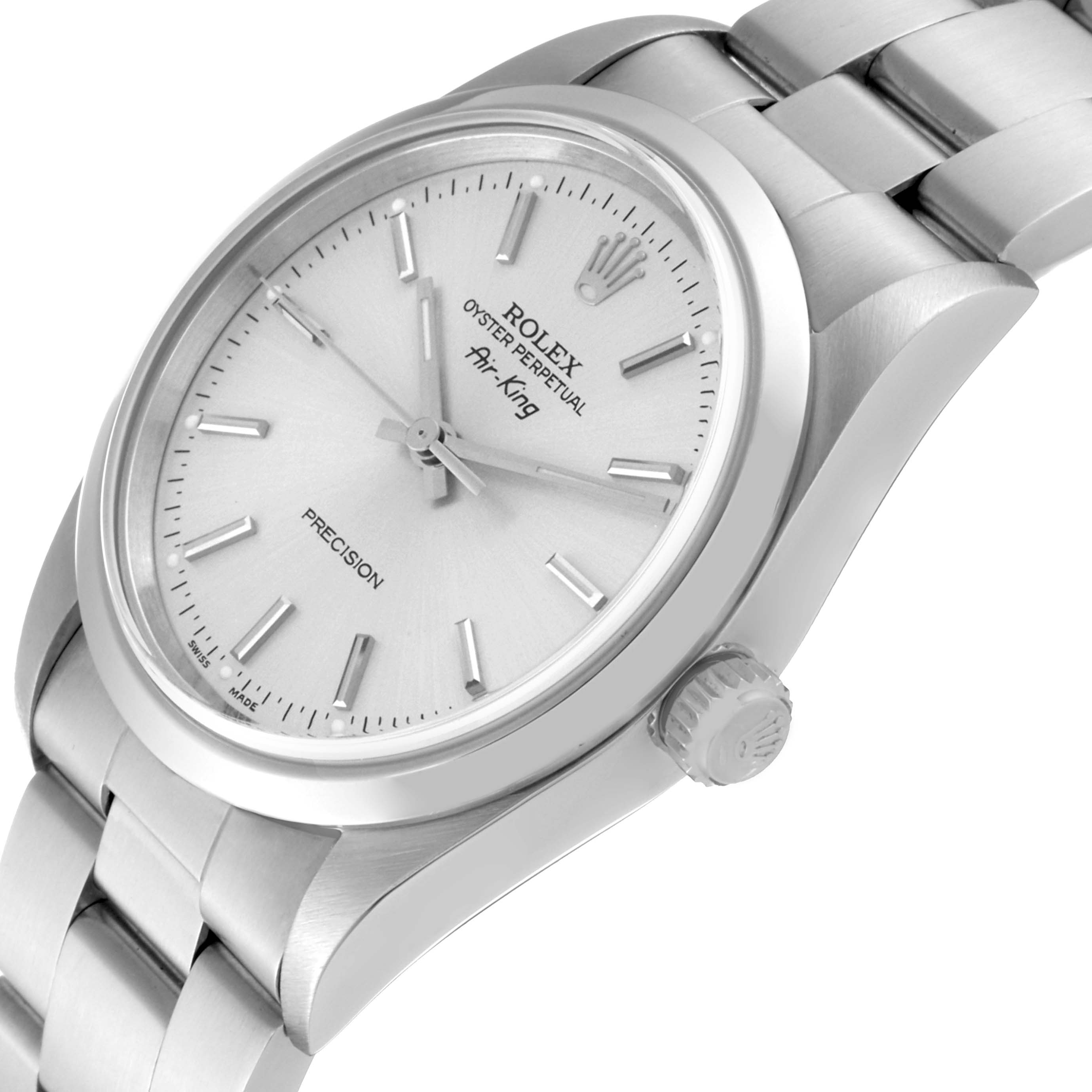 The image shows a Rolex Air-King 14000 Men's Stainless Steel Silver Dial 14000 Men's Stainless Steel Silver Dial watch at a slight angled side view, showcasing the face, bezel, crown, and part of the bracelet.