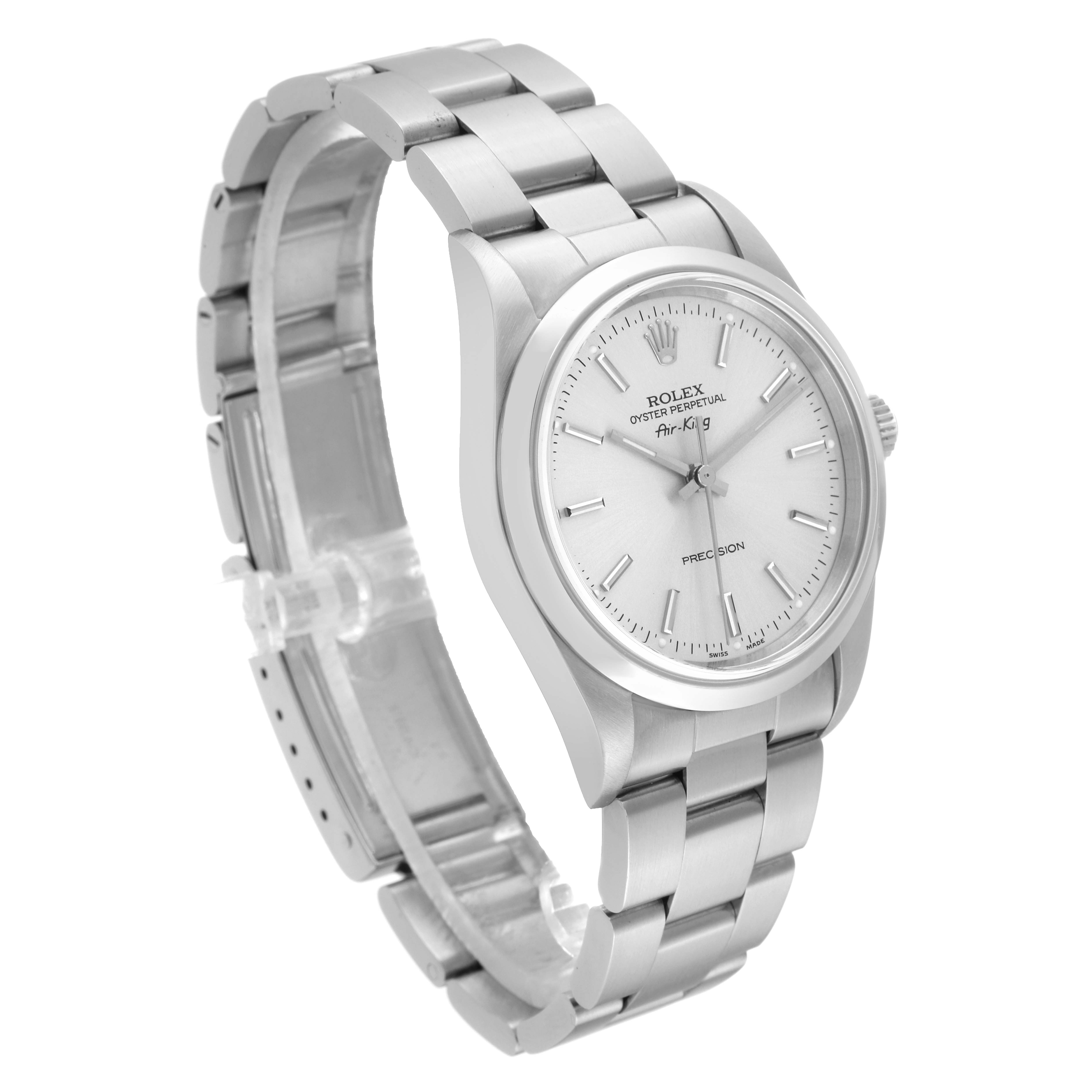 The image shows a side-angle view of the Rolex Air-King 14000 Men's Stainless Steel Silver Dial 14000 Men's Stainless Steel Silver Dial watch, highlighting its silver bracelet, dial, and casing.