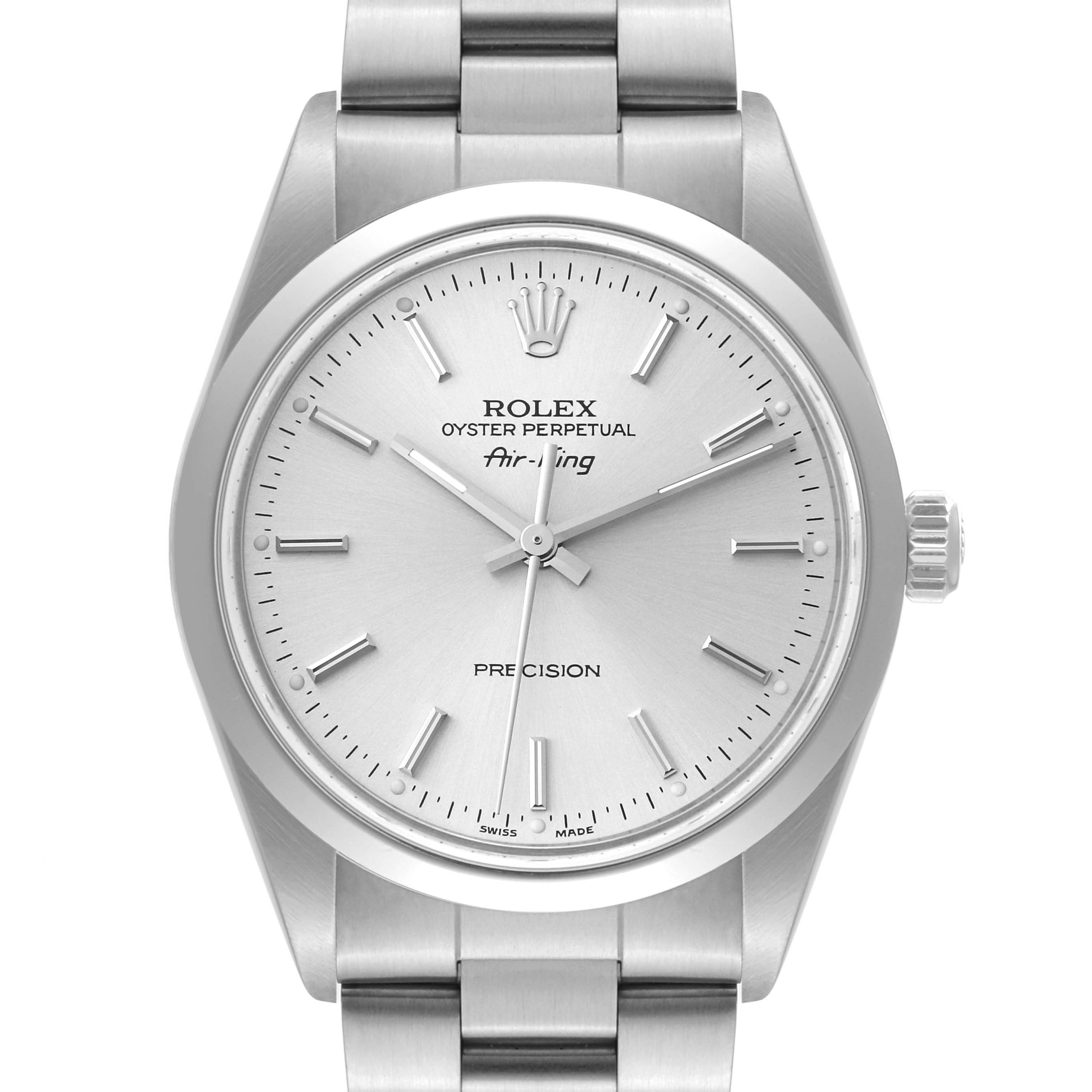 The Rolex Air-King 14000 Men's Stainless Steel Silver Dial 14000 Men's Stainless Steel Silver Dial watch is shown from the front, displaying its face, bezel, and part of the bracelet.