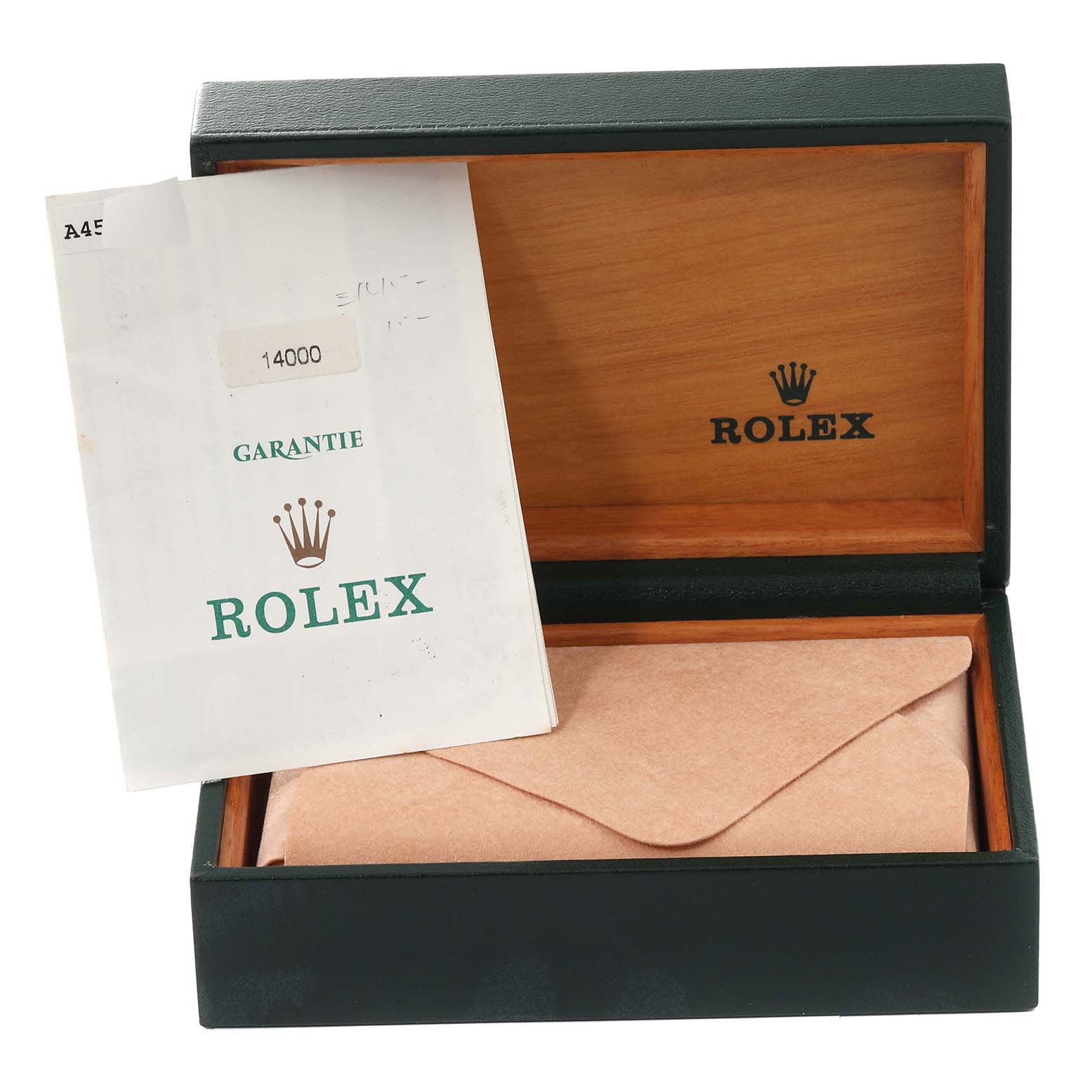 The image shows the open box and guarantee booklet for a Rolex Air-King 14000 Men's Stainless Steel Silver Dial 14000 Men's Stainless Steel Silver Dial watch, with the box lid partially open.