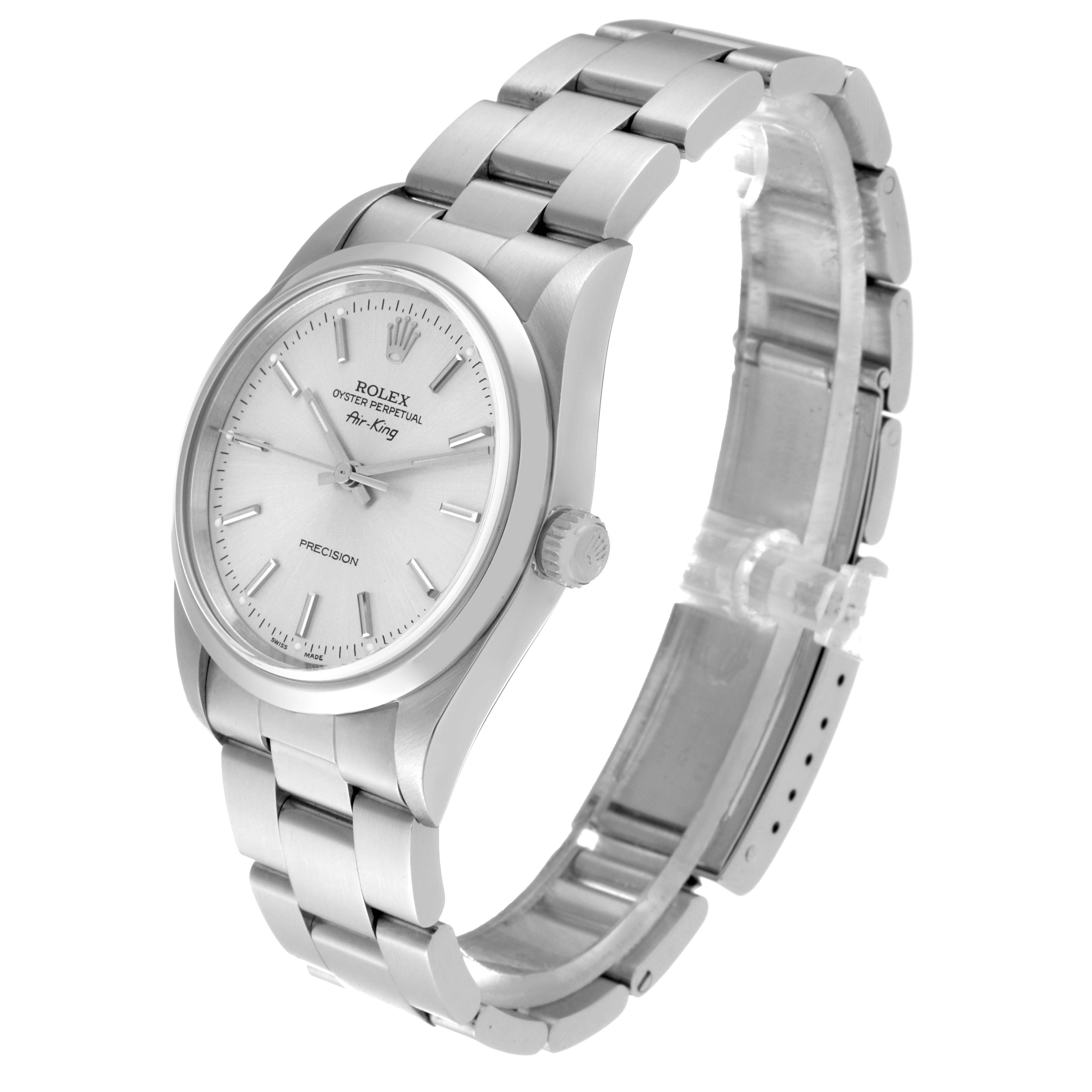 The image shows the Rolex Air-King 14000 Men's Stainless Steel Silver Dial 14000 Men's Stainless Steel Silver Dial watch at a slight side angle, detailing the watch face, bezel, crown, and stainless steel bracelet.