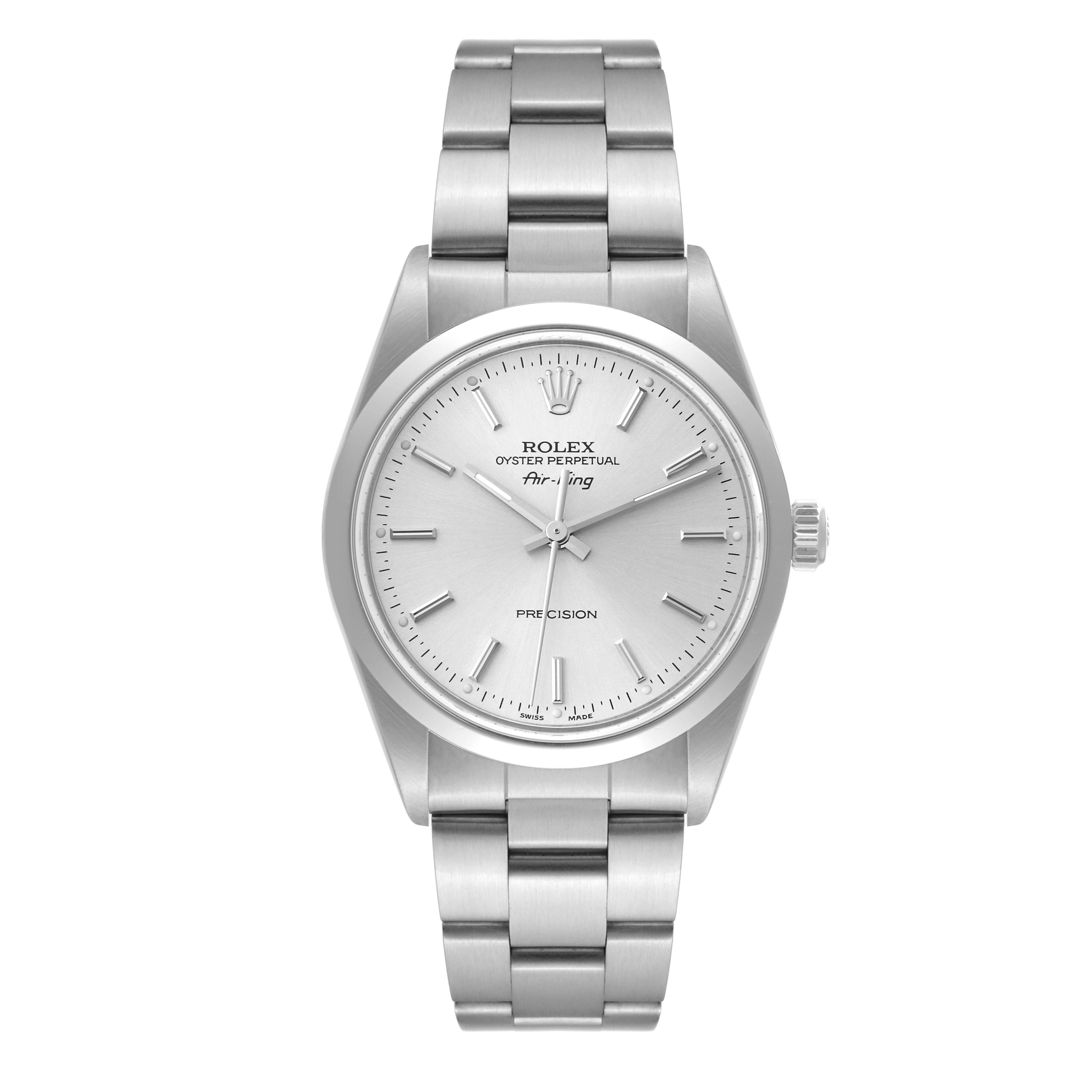 The image shows a front view of the Rolex Air-King 14000 Men's Stainless Steel Silver Dial 14000 Men's Stainless Steel Silver Dial watch, highlighting its dial, hands, and bracelet.