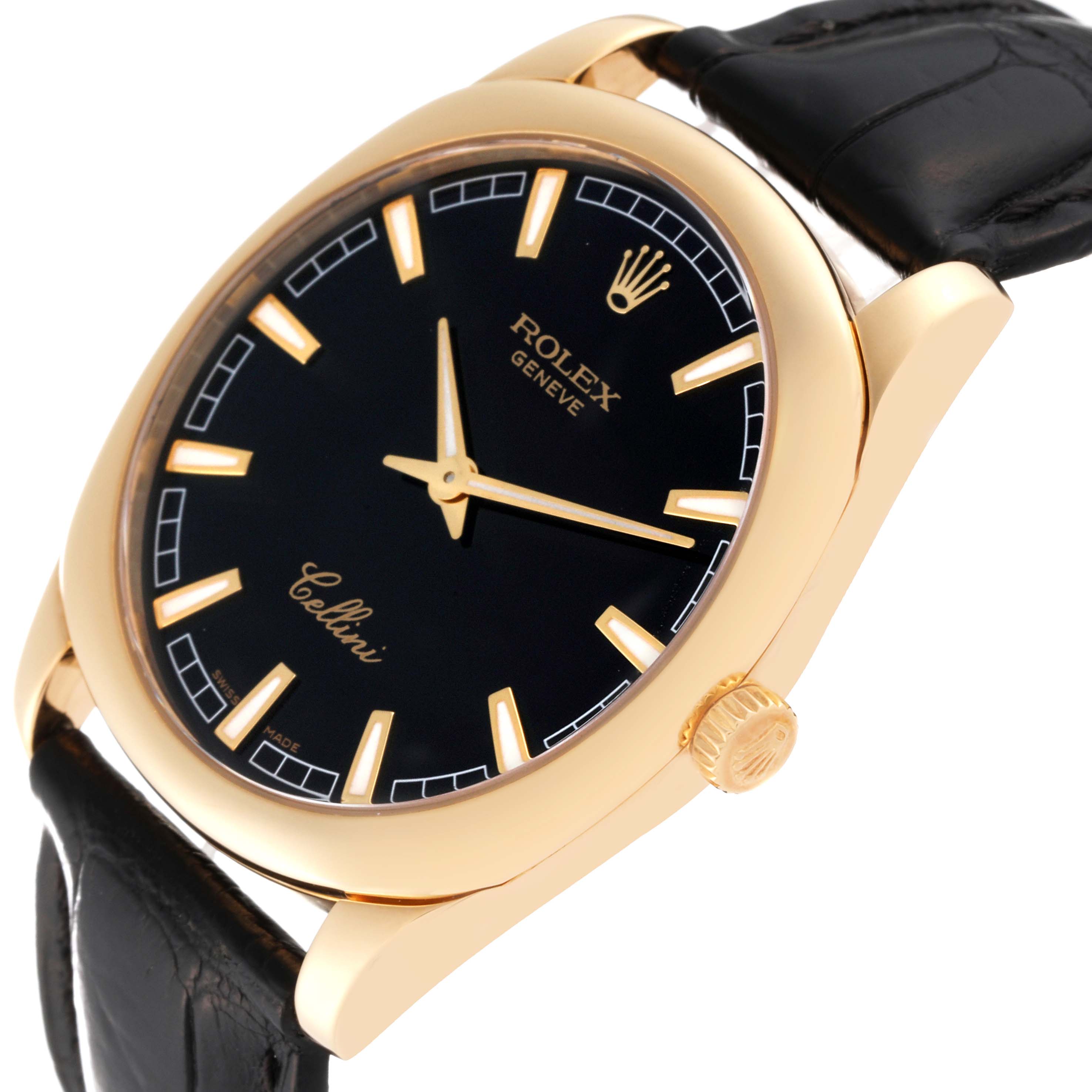 This Rolex Cellini 4243 Men's Yellow Gold Black Dial 4243 Men's Yellow Gold Black Dial watch is shown at an angle highlighting the gold case, black dial, crown, and black leather strap.