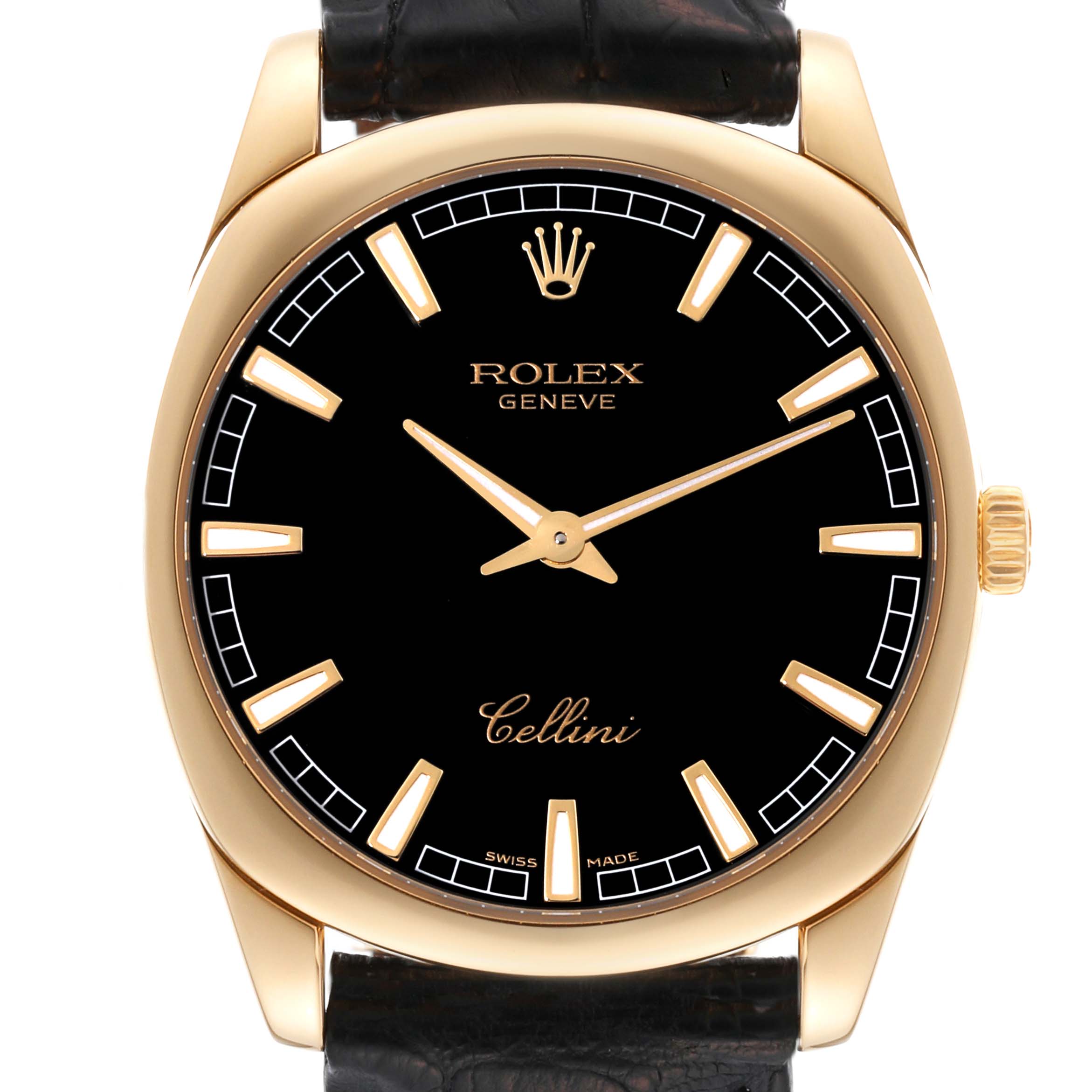 The image shows a frontal view of the Rolex Cellini 4243 Men's Yellow Gold Black Dial 4243 Men's Yellow Gold Black Dial watch, displaying its face, bezel, and part of the leather strap.
