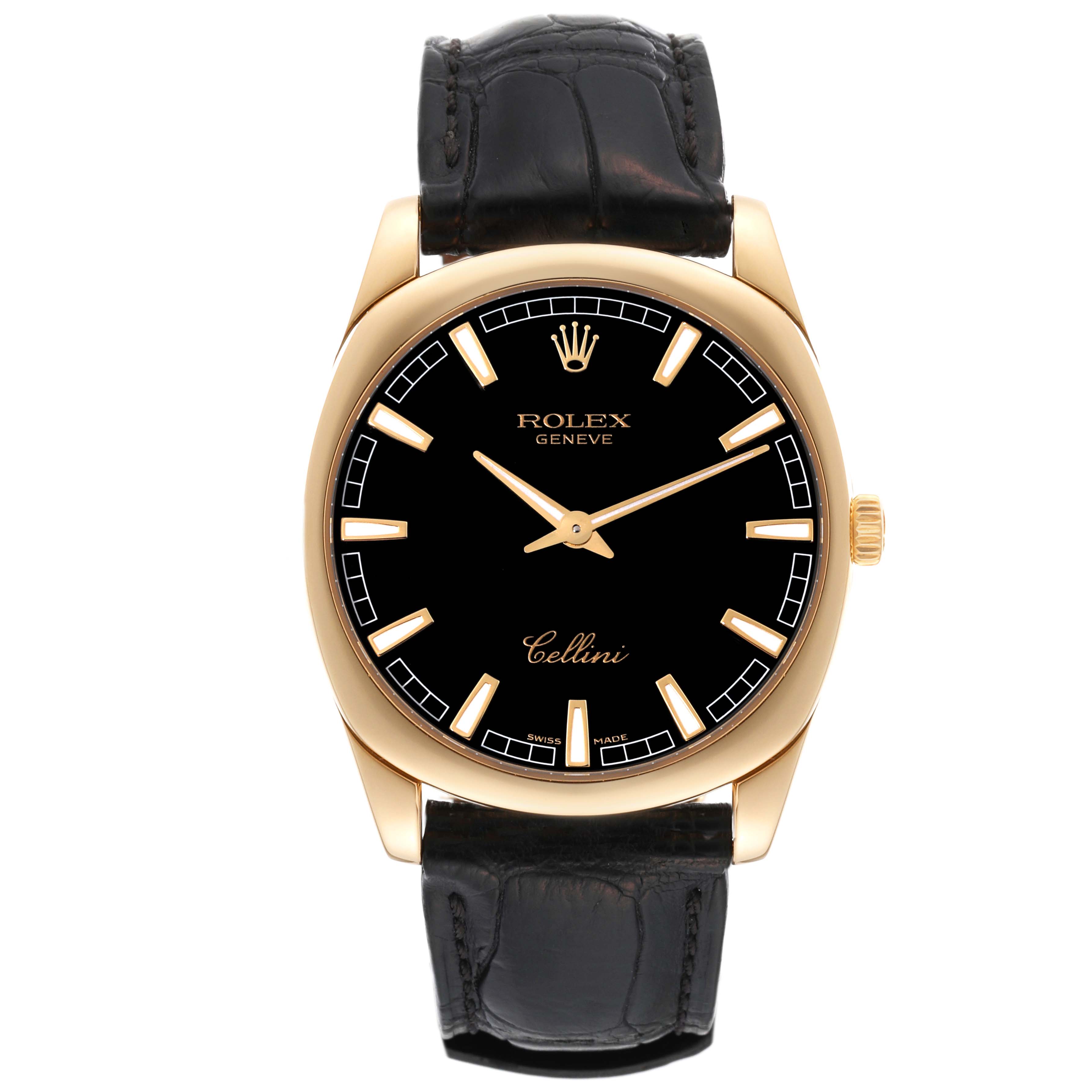 This is a front view of a Rolex Cellini 4243 Men's Yellow Gold Black Dial 4243 Men's Yellow Gold Black Dial watch, showing the watch face, hour markers, hands, case, and black leather strap.