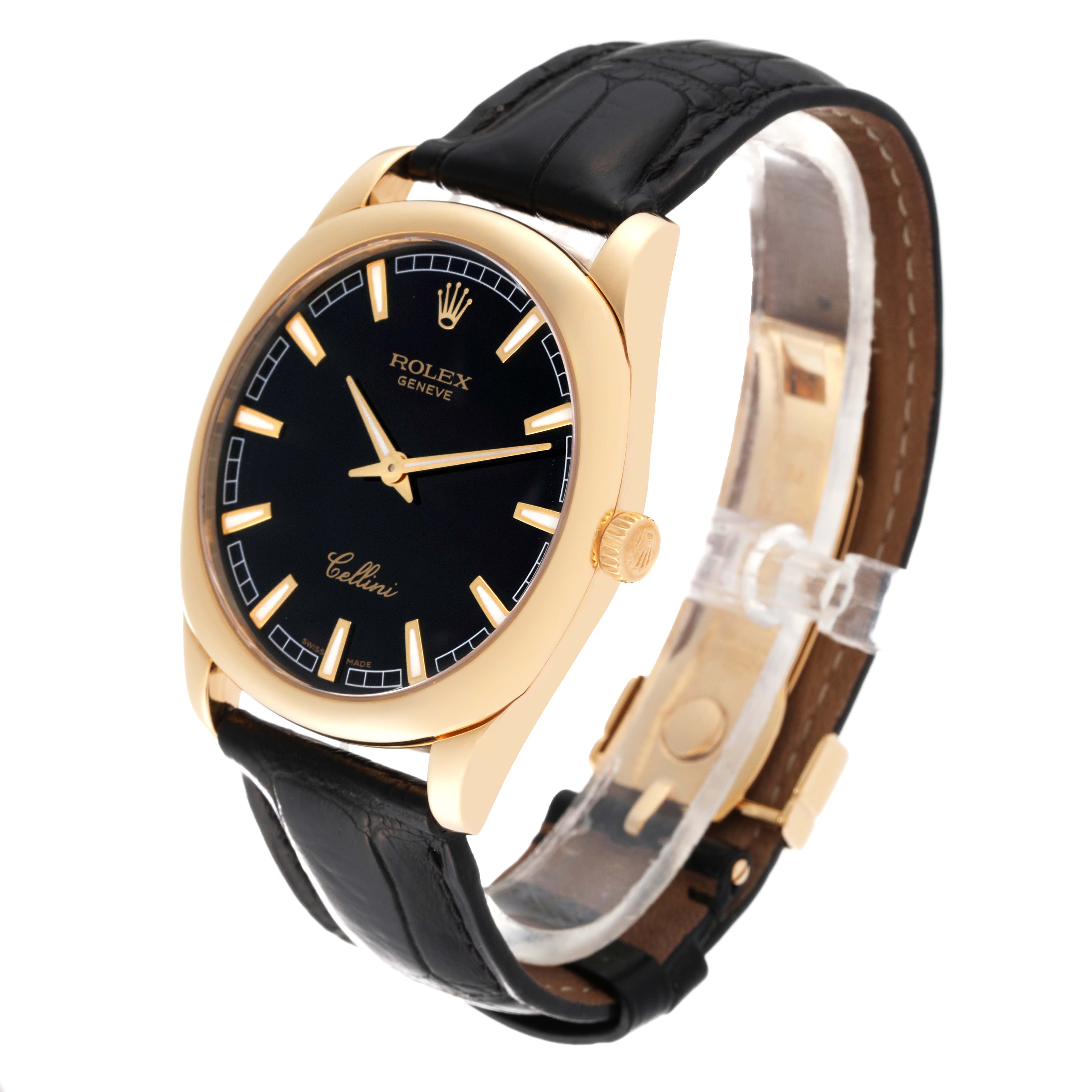 This image shows a Rolex Cellini 4243 Men's Yellow Gold Black Dial 4243 Men's Yellow Gold Black Dial watch at a three-quarter angle, highlighting the face, case, crown, and leather strap.