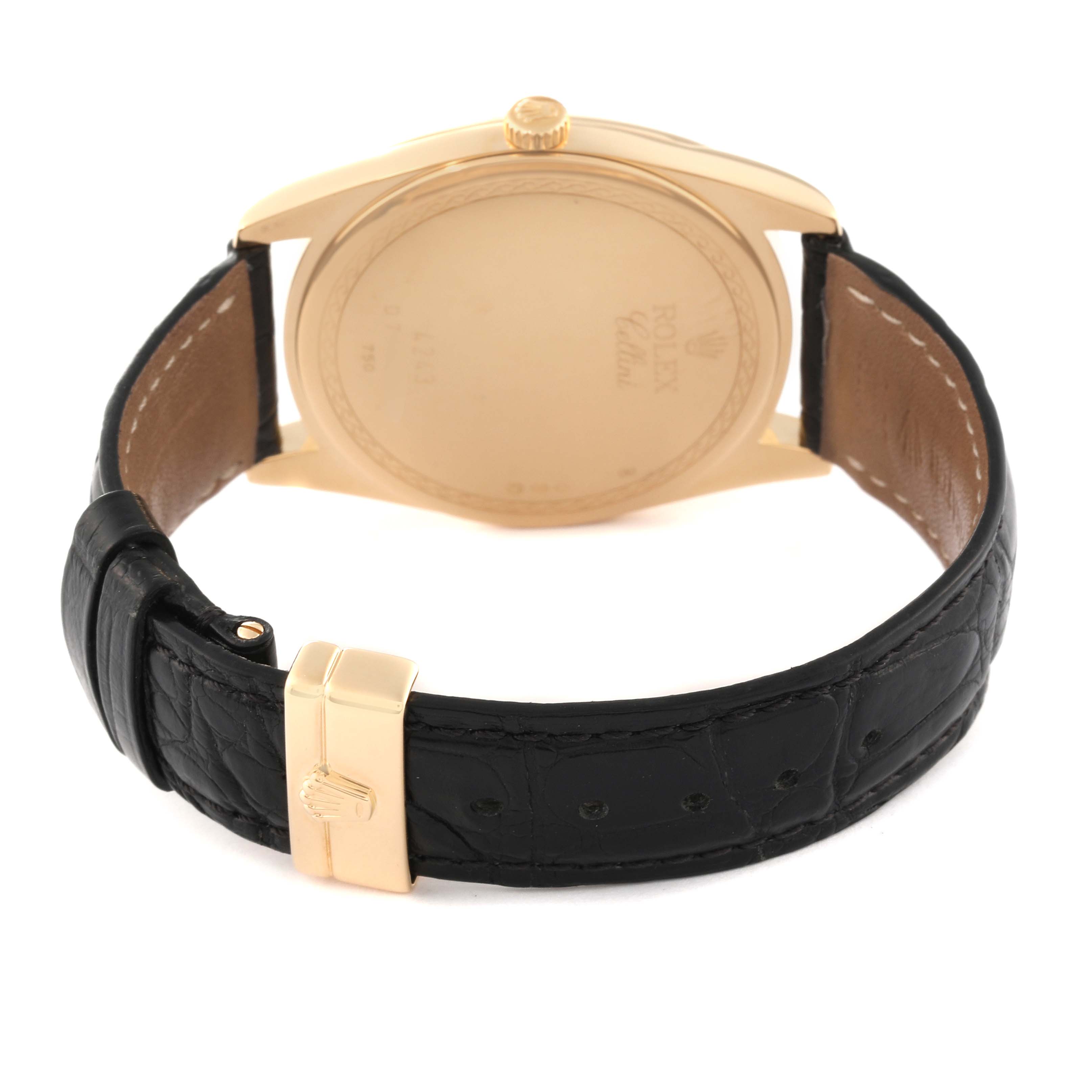 The image shows the back case and leather strap of a Rolex Cellini 4243 Men's Yellow Gold Black Dial 4243 Men's Yellow Gold Black Dial watch, with the brand name visible on the case back.