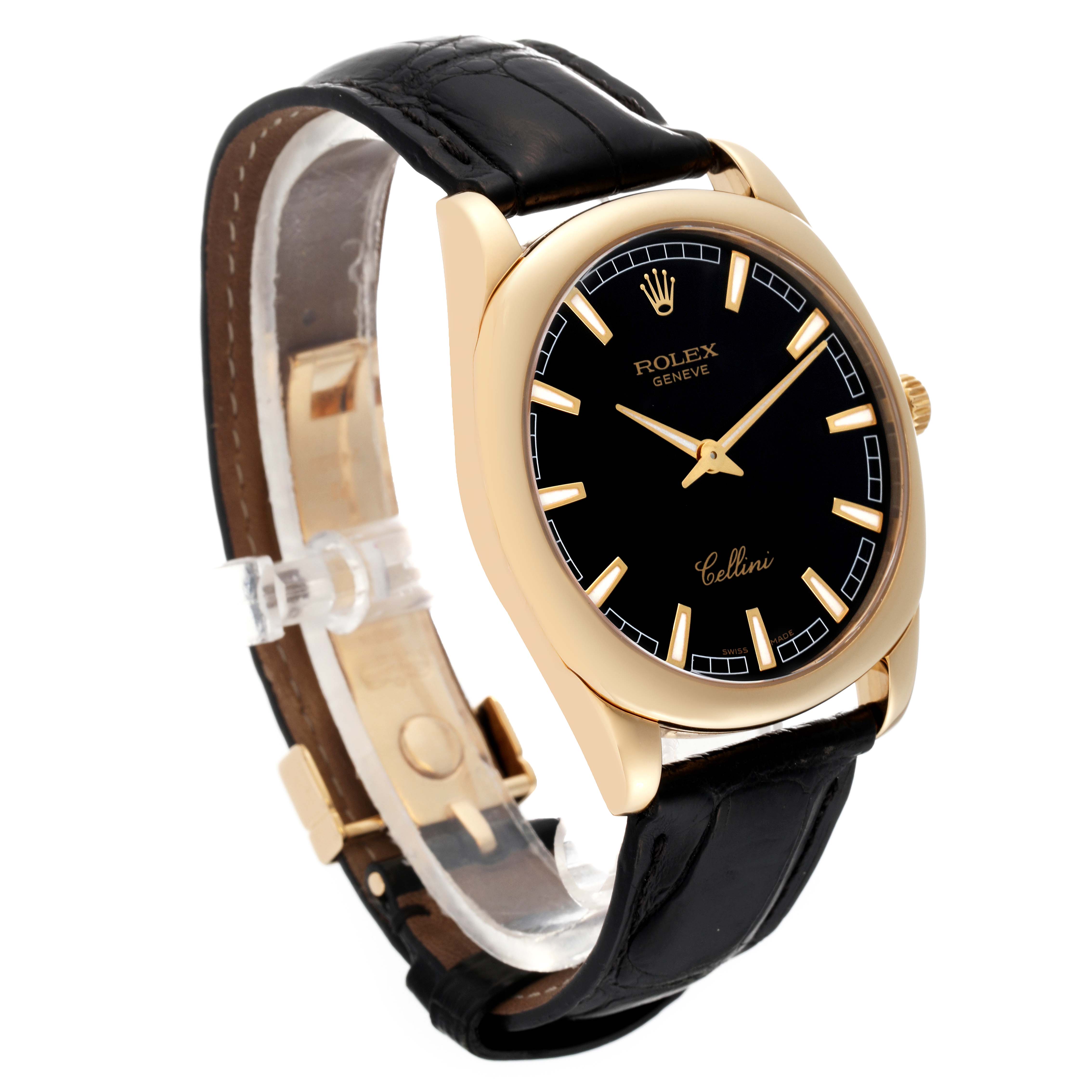 The Rolex Cellini 4243 Men's Yellow Gold Black Dial 4243 Men's Yellow Gold Black Dial watch is shown at an angled view, displaying the face, dial, case, and leather strap.