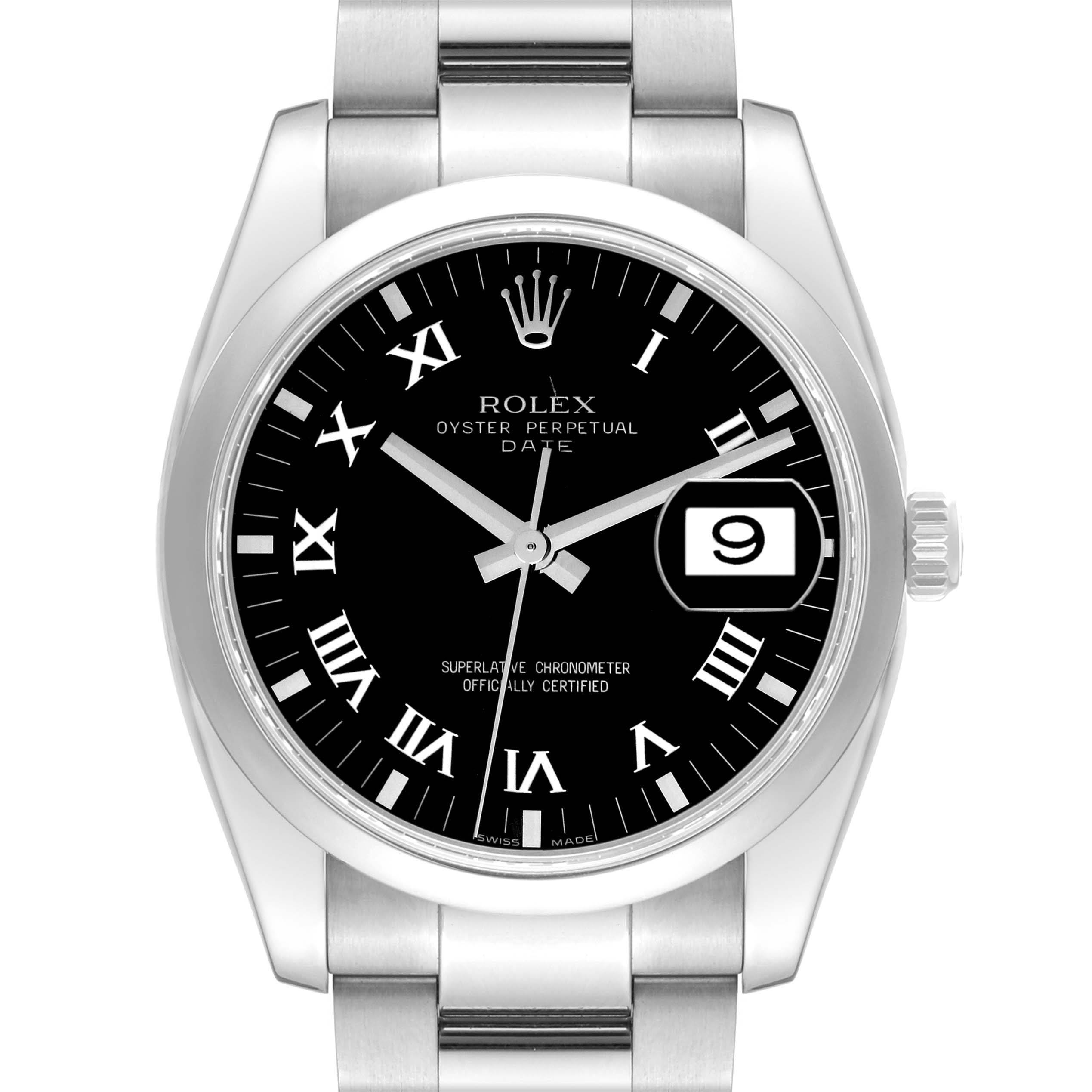 The image shows a front view of the Rolex Date 115200 Men's Stainless Steel Black Dial 115200 Men's Stainless Steel Black Dial model watch, highlighting its black dial with Roman numerals and date window.