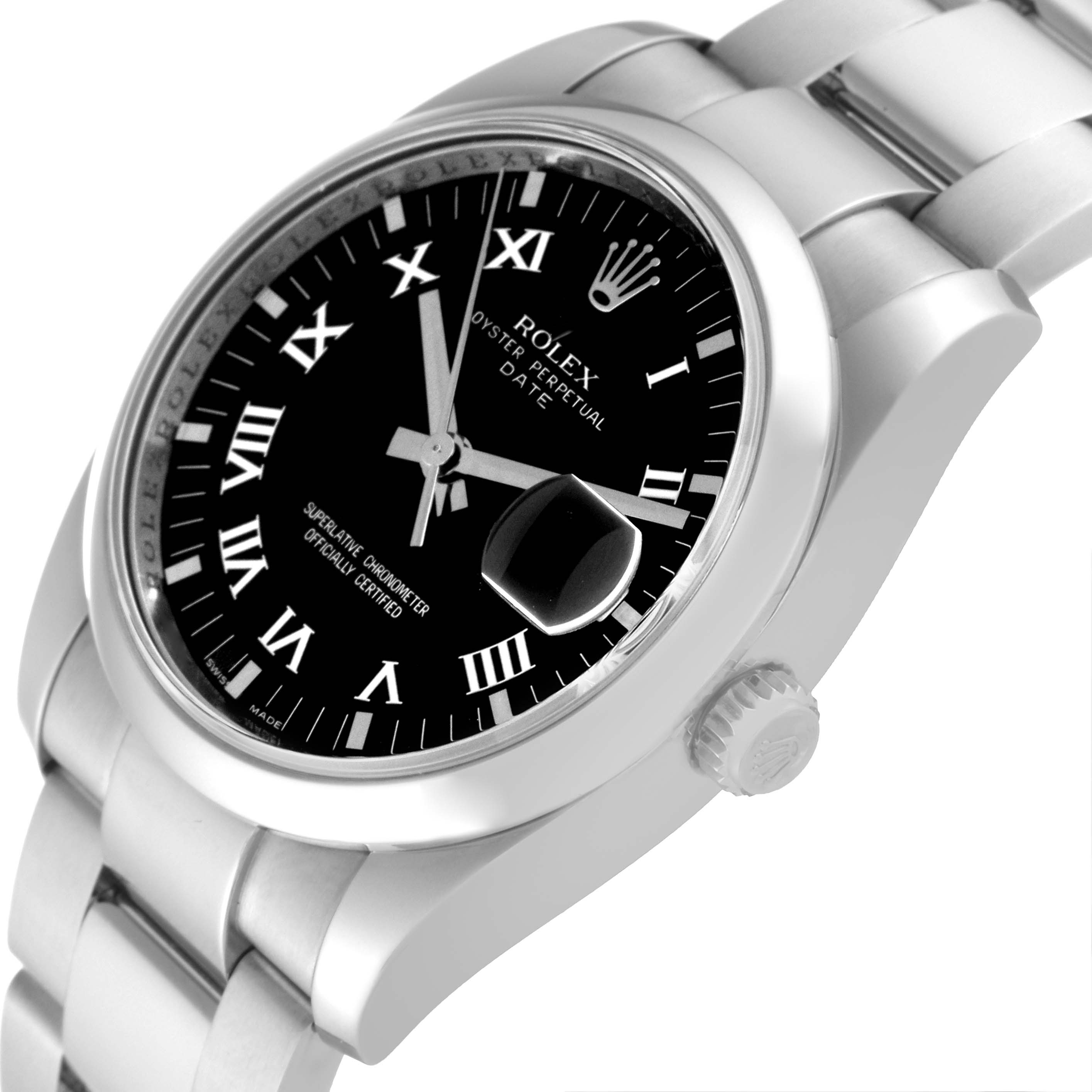 The image shows a close-up, angled view of the Rolex Date 115200 Men's Stainless Steel Black Dial 115200 Men's Stainless Steel Black Dial model, highlighting the dial, bezel, crown, and part of the bracelet.