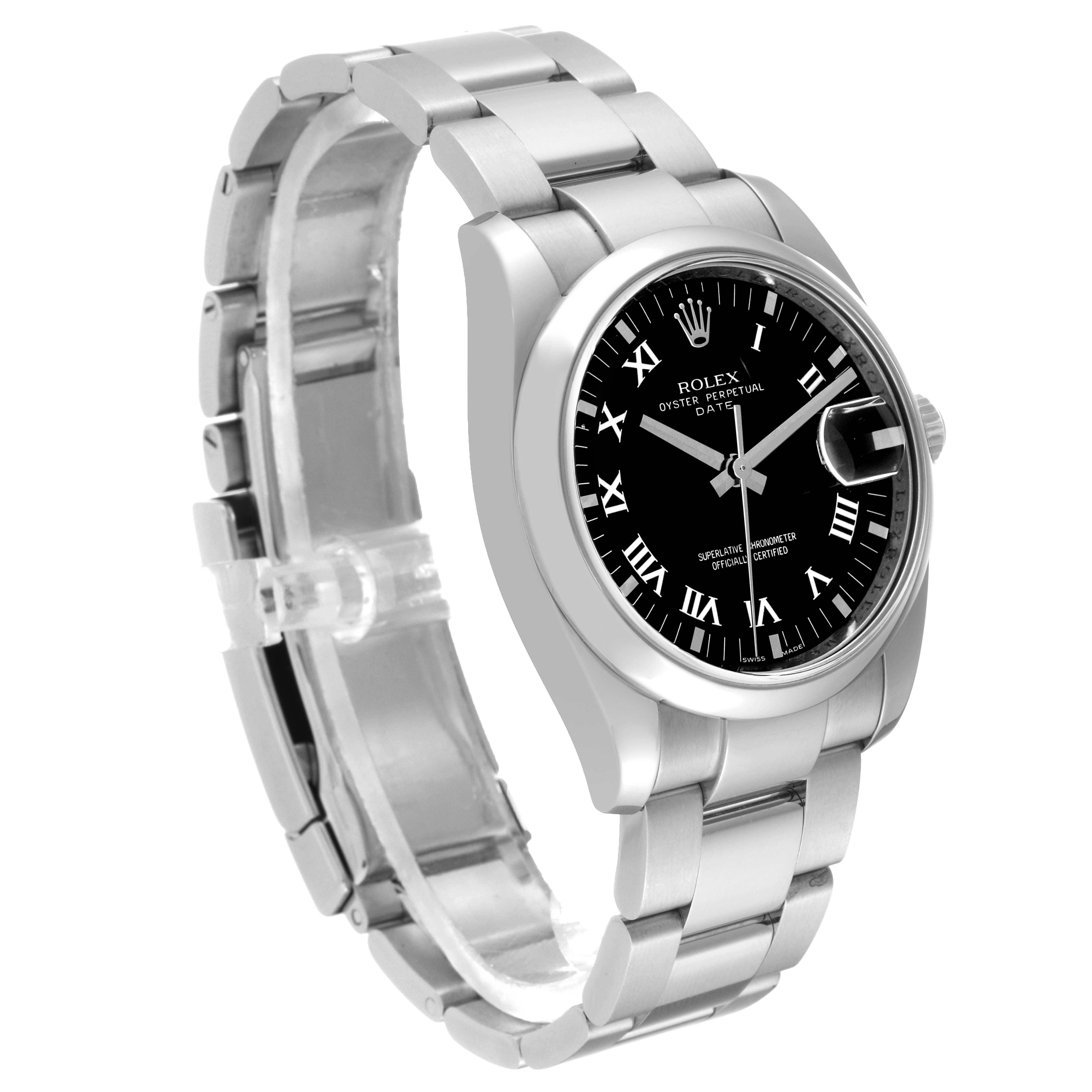 The image shows the full watch face and bracelet of the Rolex Date 115200 Men's Stainless Steel Black Dial 115200 Men's Stainless Steel Black Dial model at a slight angle.