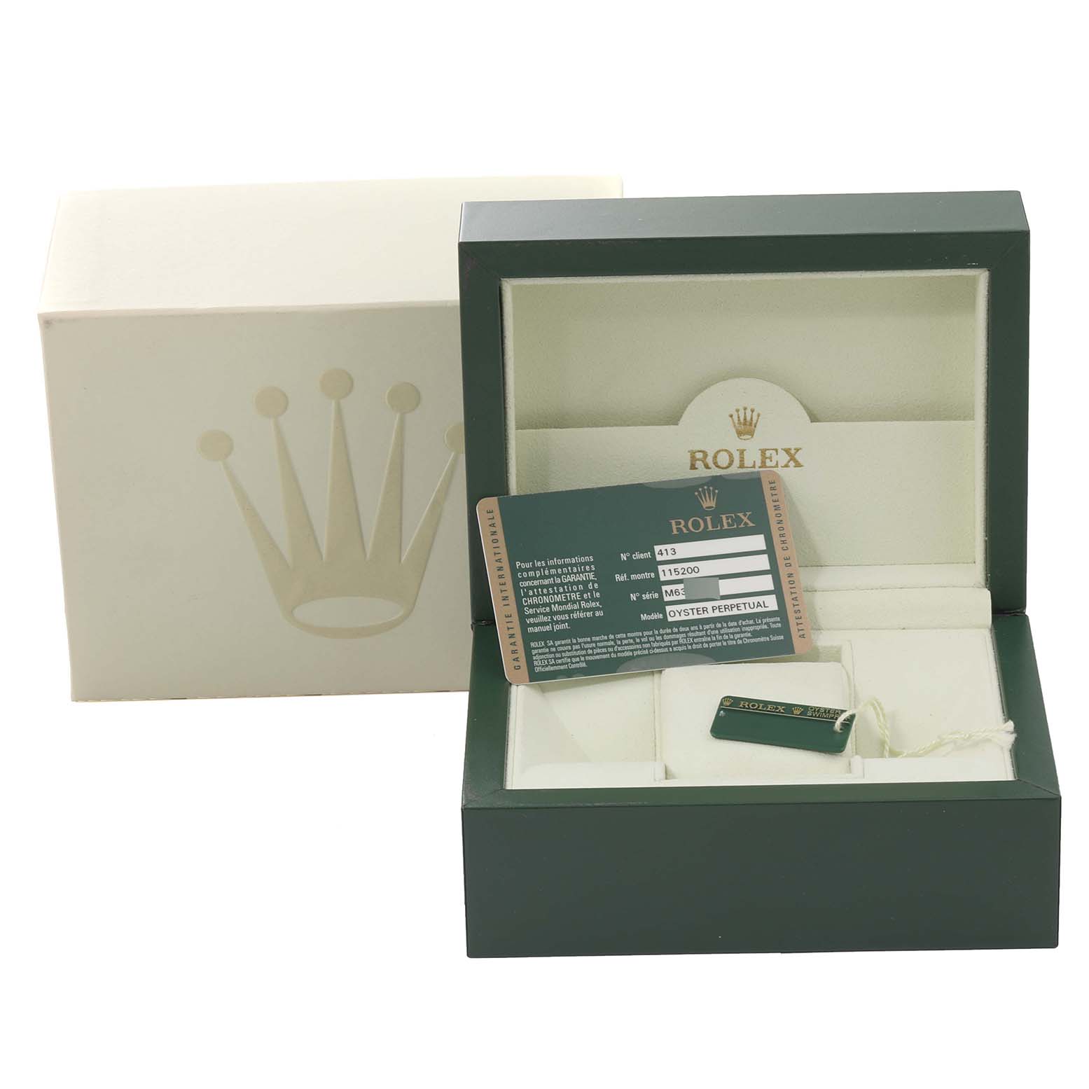The image shows the packaging and certification card of a Rolex Date 115200 Men's Stainless Steel Black Dial 115200 Men's Stainless Steel Black Dial model watch.