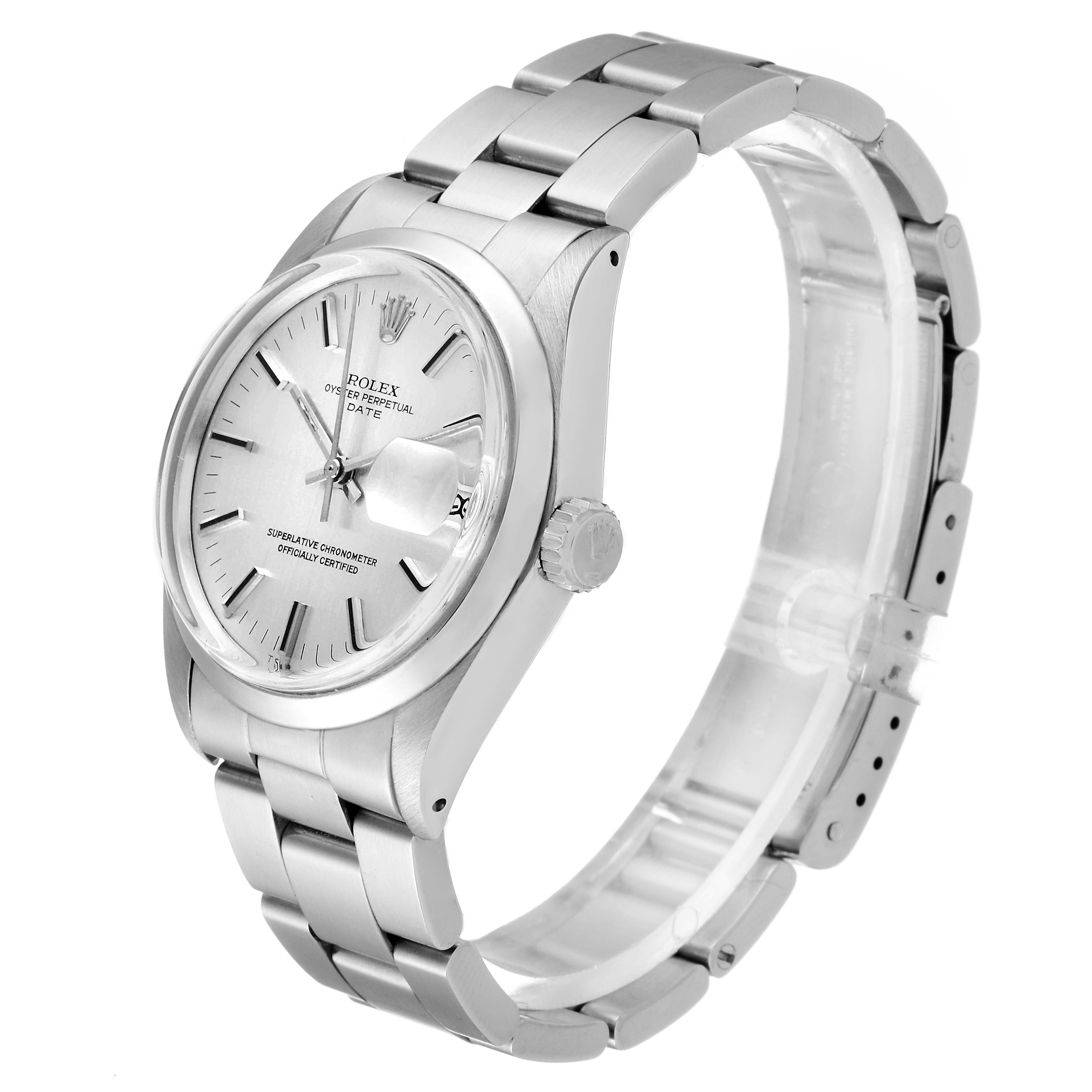 The Rolex Vintage Collection 1500 Men's Stainless Steel Silver Dial 1500 Men's Stainless Steel Silver Dial watch is shown at a three-quarter angle, highlighting the dial, crown, bracelet, and clasp.