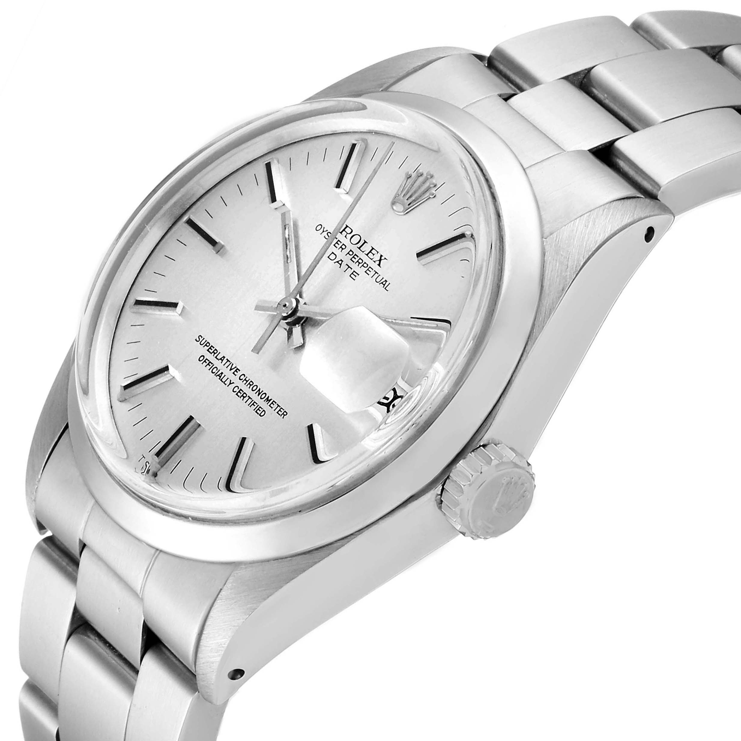 The image shows a close-up side angle of a Rolex Vintage Collection 1500 Men's Stainless Steel Silver Dial 1500 Men's Stainless Steel Silver Dial model, highlighting the dial, date function, crown, and part of the bracelet.