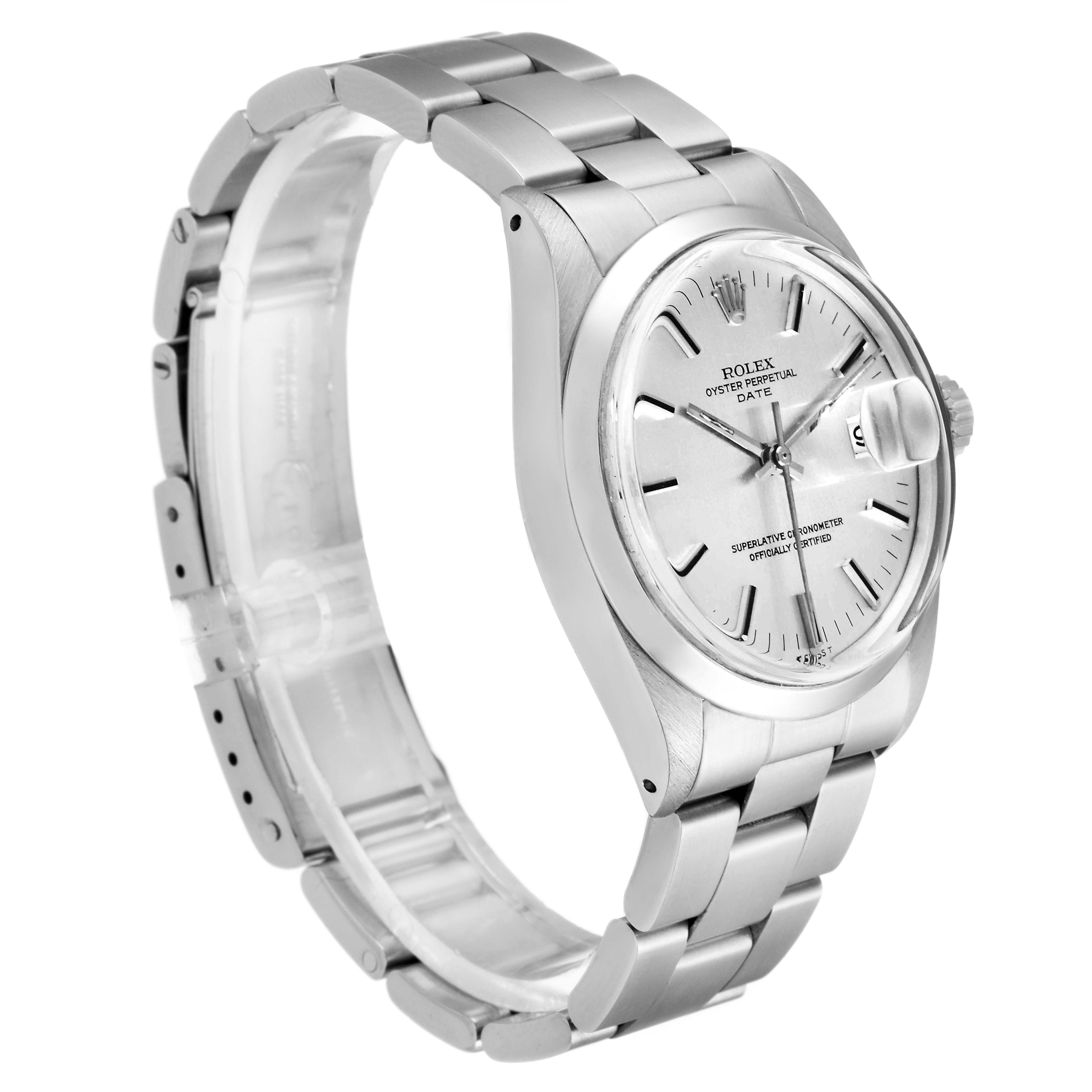 This image shows a side angle of the Rolex Vintage Collection 1500 Men's Stainless Steel Silver Dial 1500 Men's Stainless Steel Silver Dial watch, highlighting the face, bezel, and bracelet.