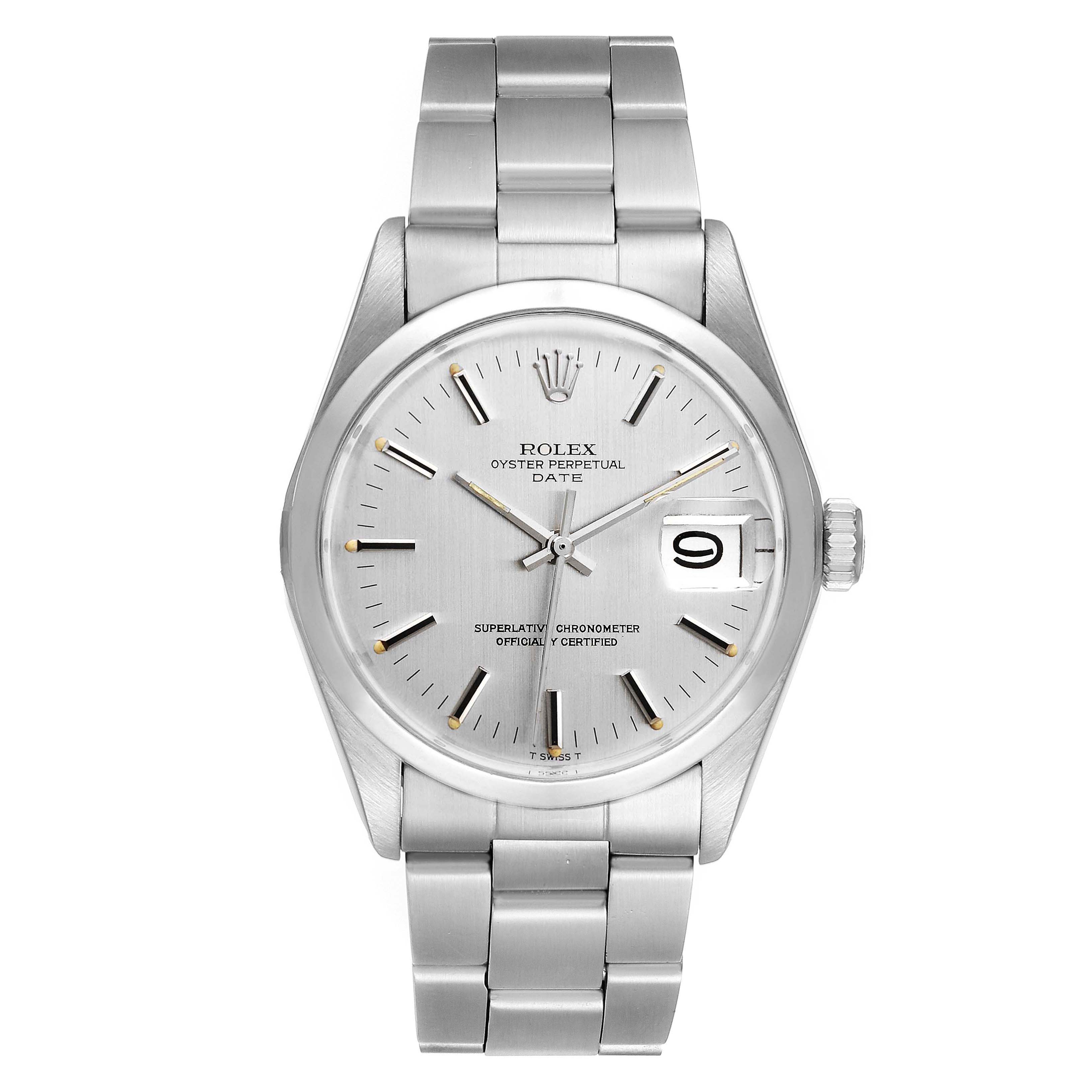 The image shows a front view of the Rolex Vintage Collection 1500 Men's Stainless Steel Silver Dial 1500 Men's Stainless Steel Silver Dial Oyster Perpetual Date watch.