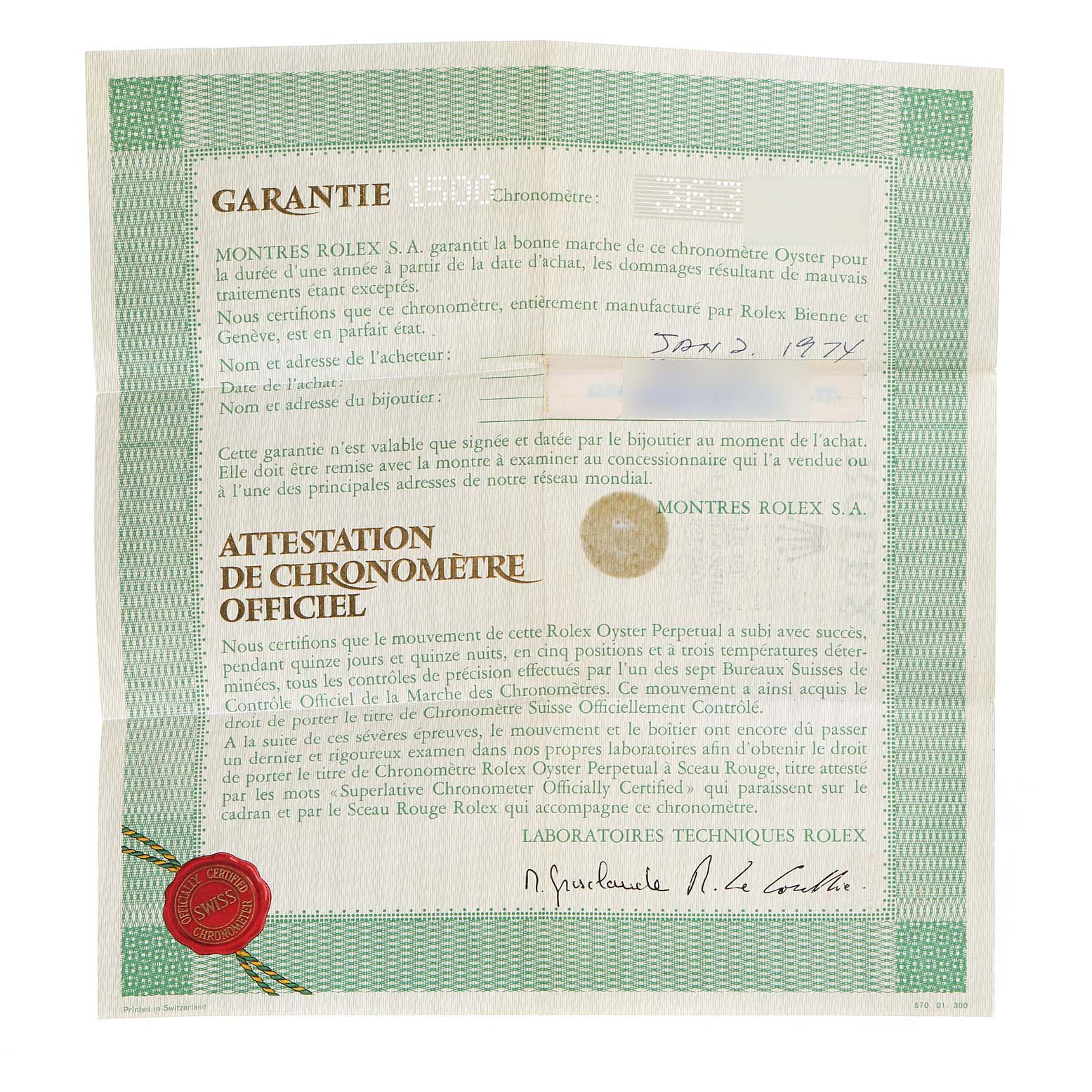 The image shows the warranty certificate for the Rolex Vintage Collection 1500 Men's Stainless Steel Silver Dial 1500 Men's Stainless Steel Silver Dial model.