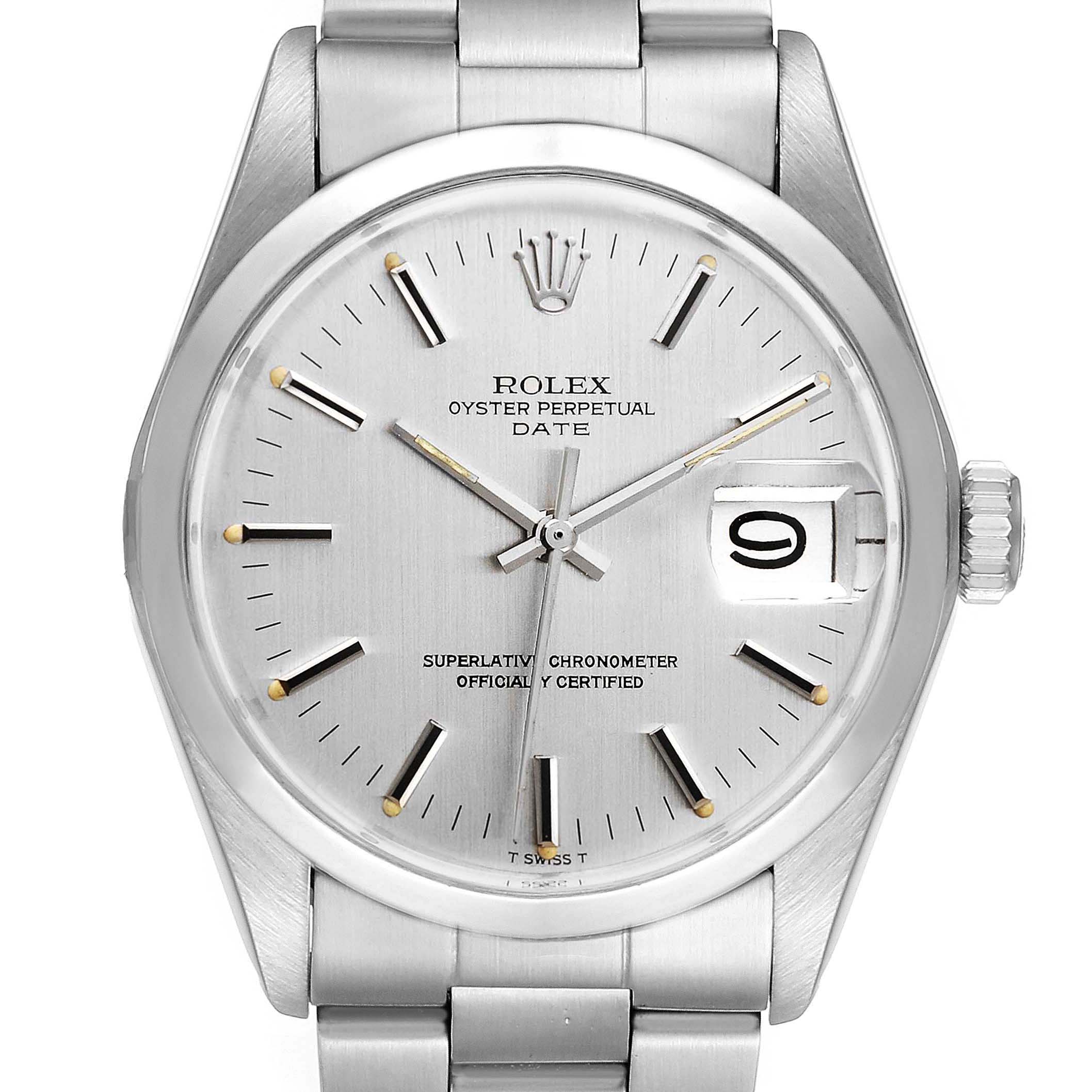 This image shows a front view of the Rolex Vintage Collection 1500 Men's Stainless Steel Silver Dial 1500 Men's Stainless Steel Silver Dial Oyster Perpetual Date watch, highlighting the dial, hands, date window, and bracelet.