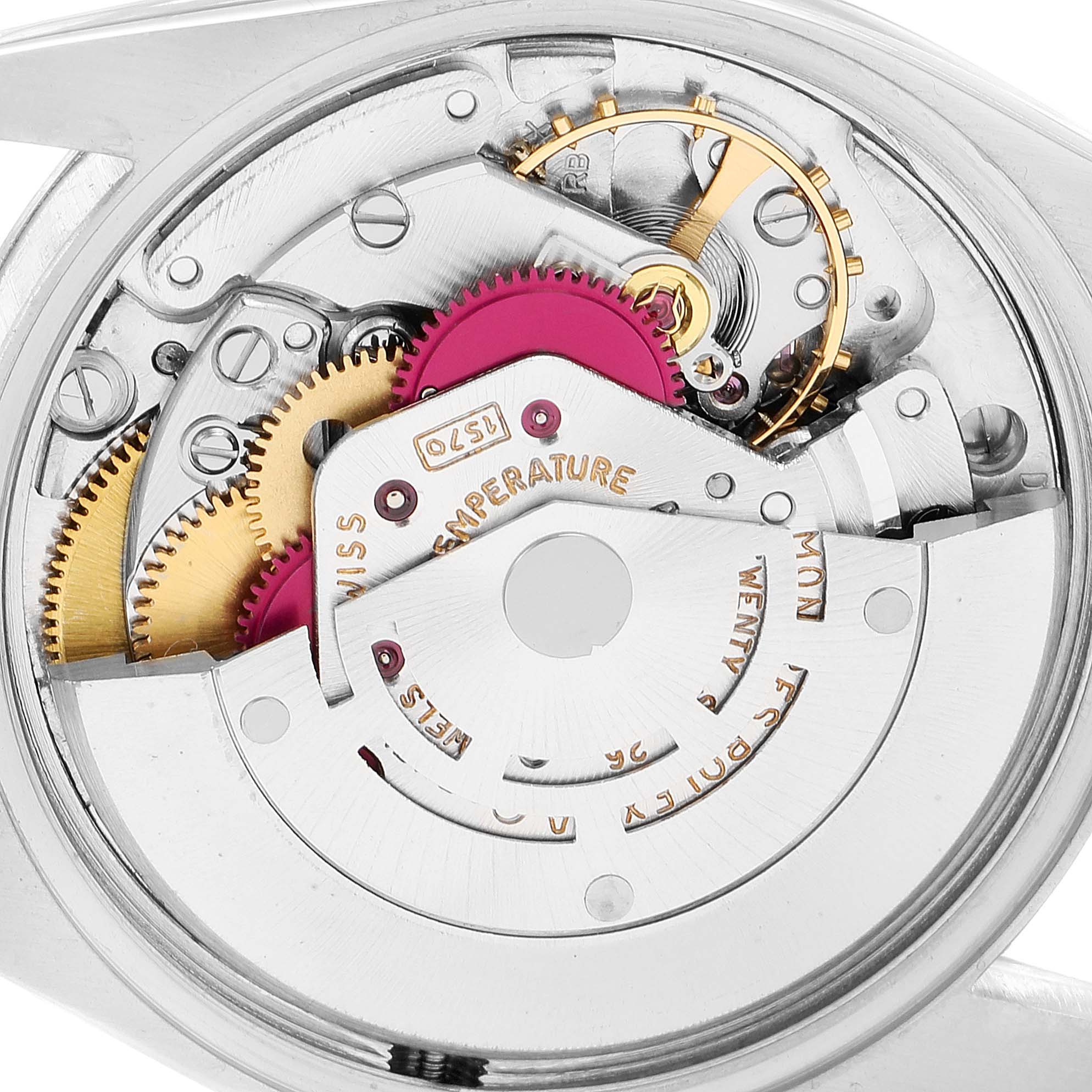 This image shows the intricate internal mechanism and gears of the Rolex Vintage Collection 1500 Men's Stainless Steel Silver Dial 1500 Men's Stainless Steel Silver Dial watch from a close-up angle.