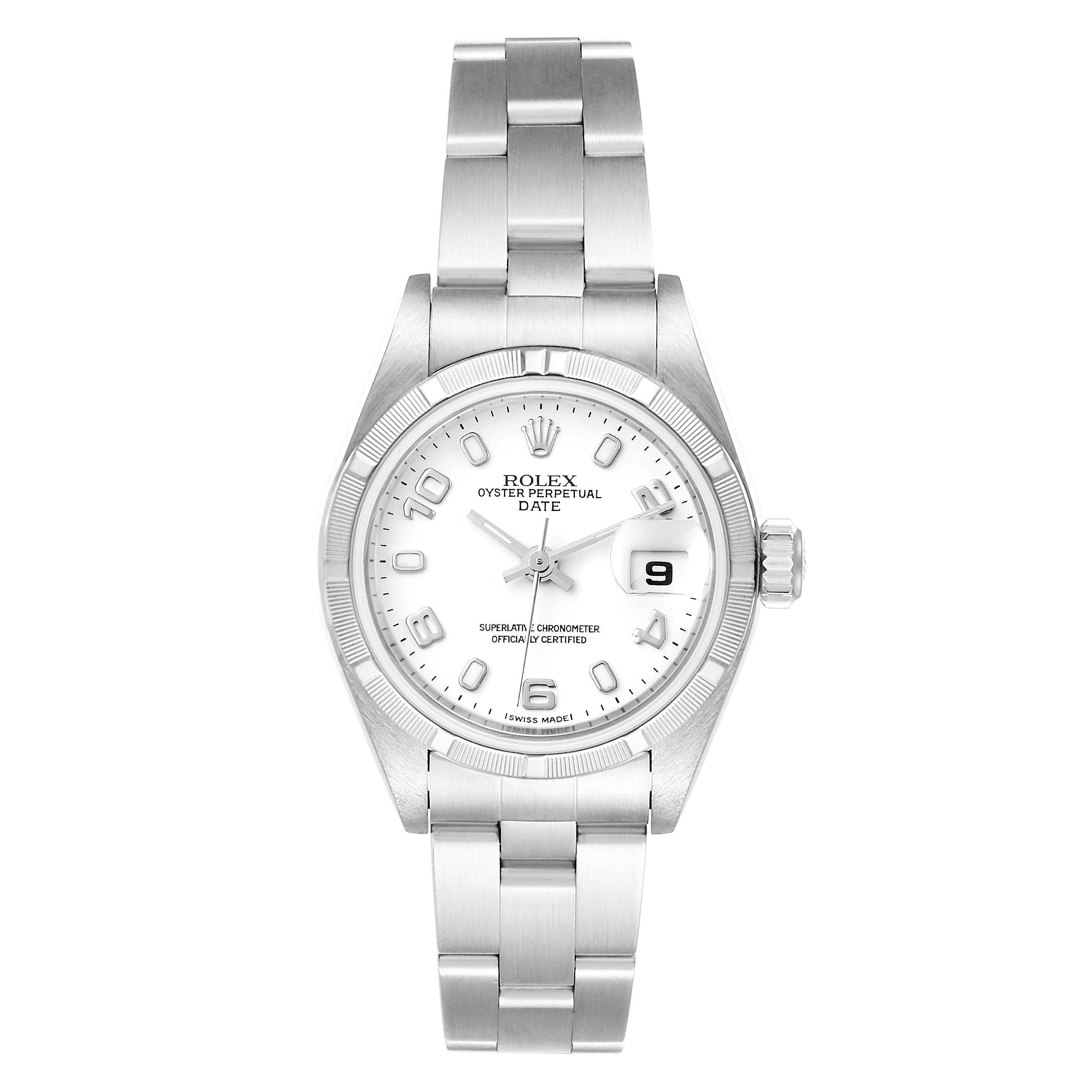 This is a top view of a Rolex Date 79190 Women's Stainless Steel White Dial 79190 Women's Stainless Steel White Dial model watch showing its face, dial, date window, bezel, crown, and bracelet.