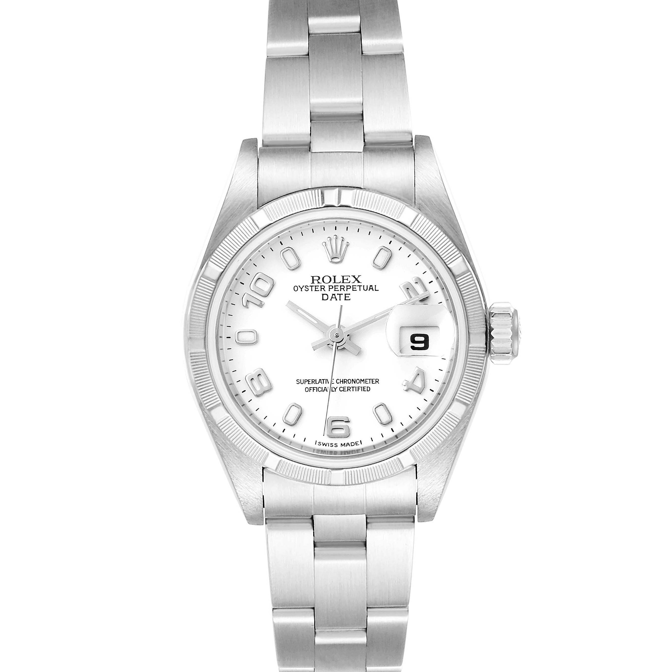 The image showcases a front view of a Rolex Date 79190 Women's Stainless Steel White Dial 79190 Women's Stainless Steel White Dial model watch, including the dial, crown, bracelet, and clasp.