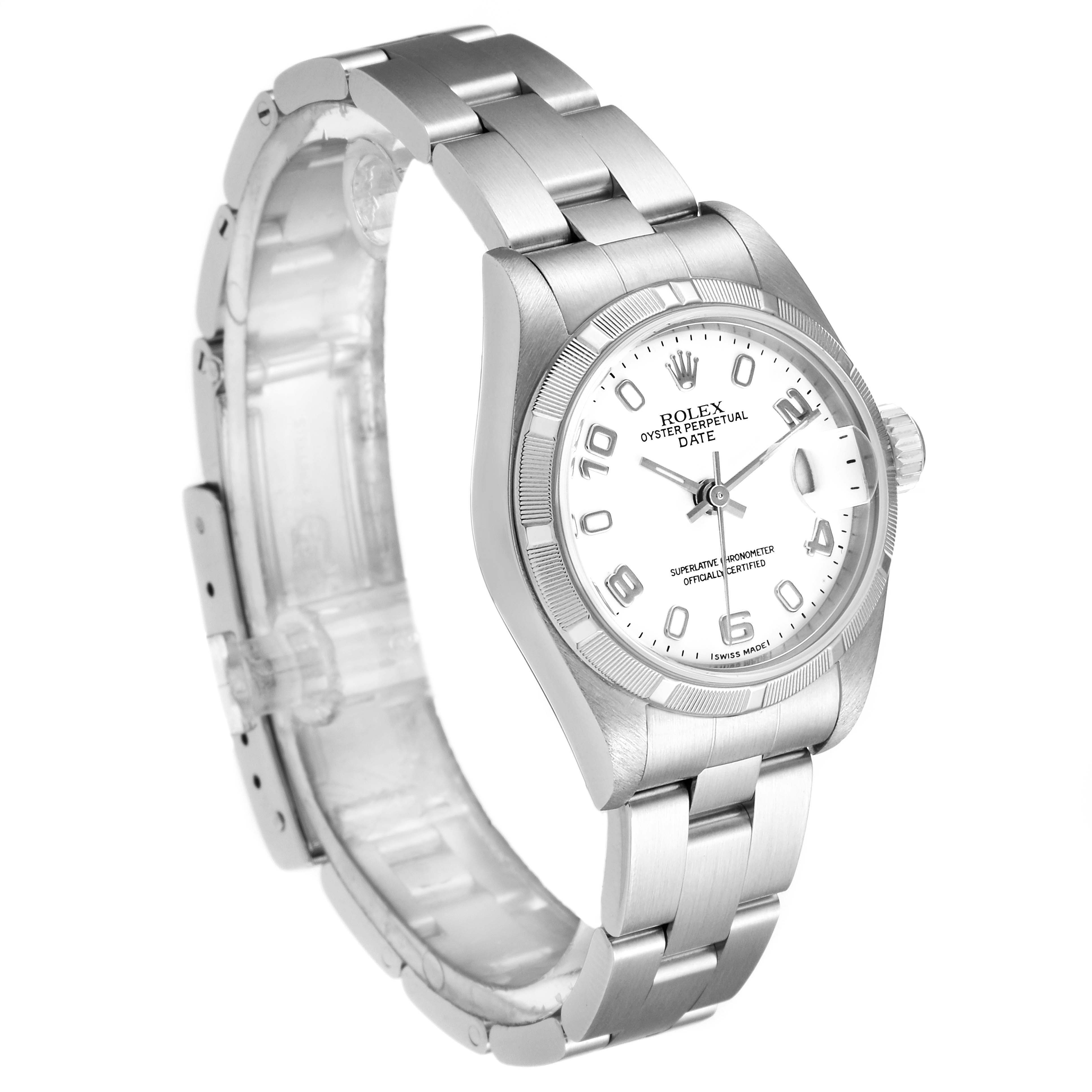 The image shows a side view of a Rolex Date 79190 Women's Stainless Steel White Dial 79190 Women's Stainless Steel White Dial model watch, highlighting its dial, bracelet, and crown.