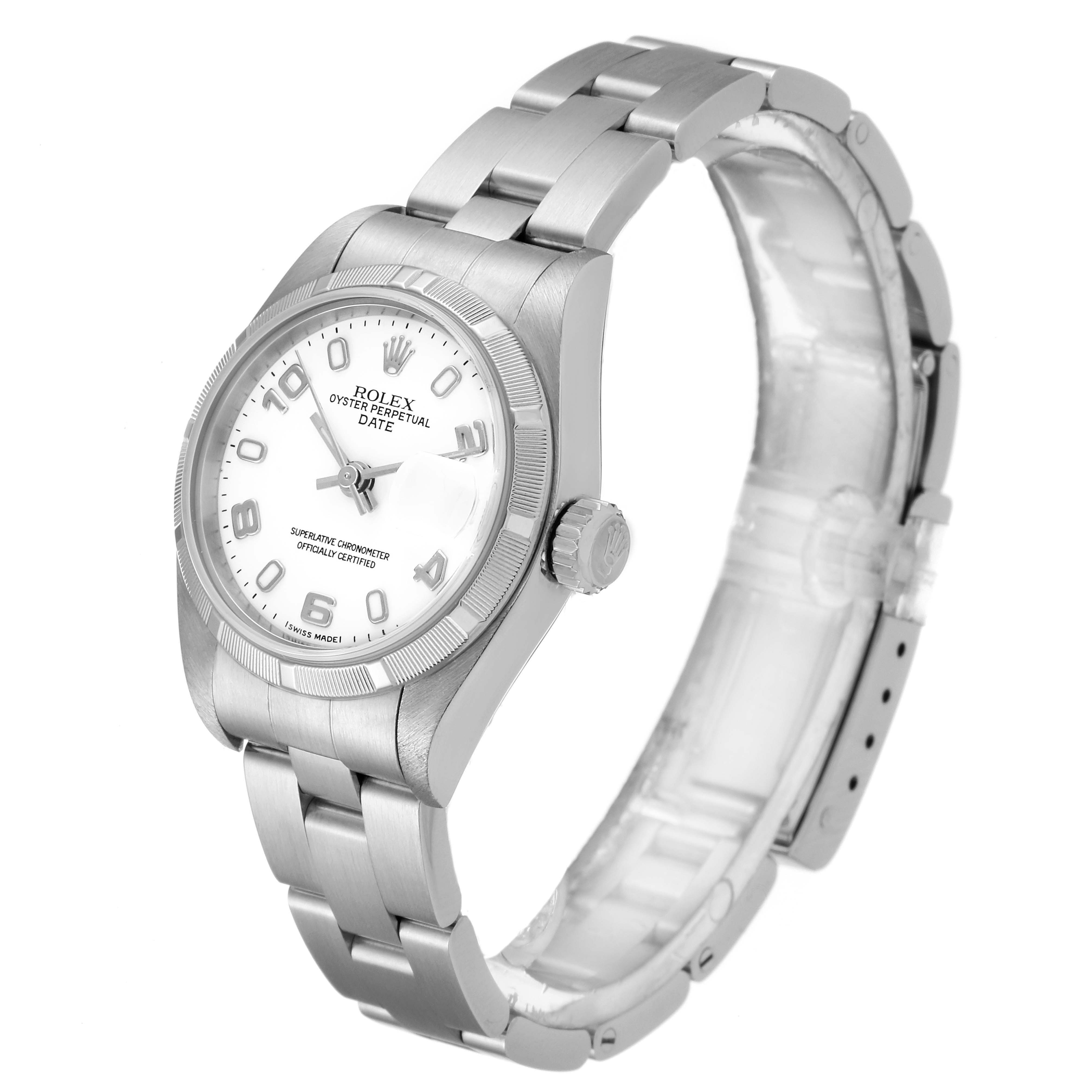 The image shows a Rolex Date 79190 Women's Stainless Steel White Dial 79190 Women's Stainless Steel White Dial model watch at a three-quarter angle, displaying the face, bezel, crown, and bracelet.