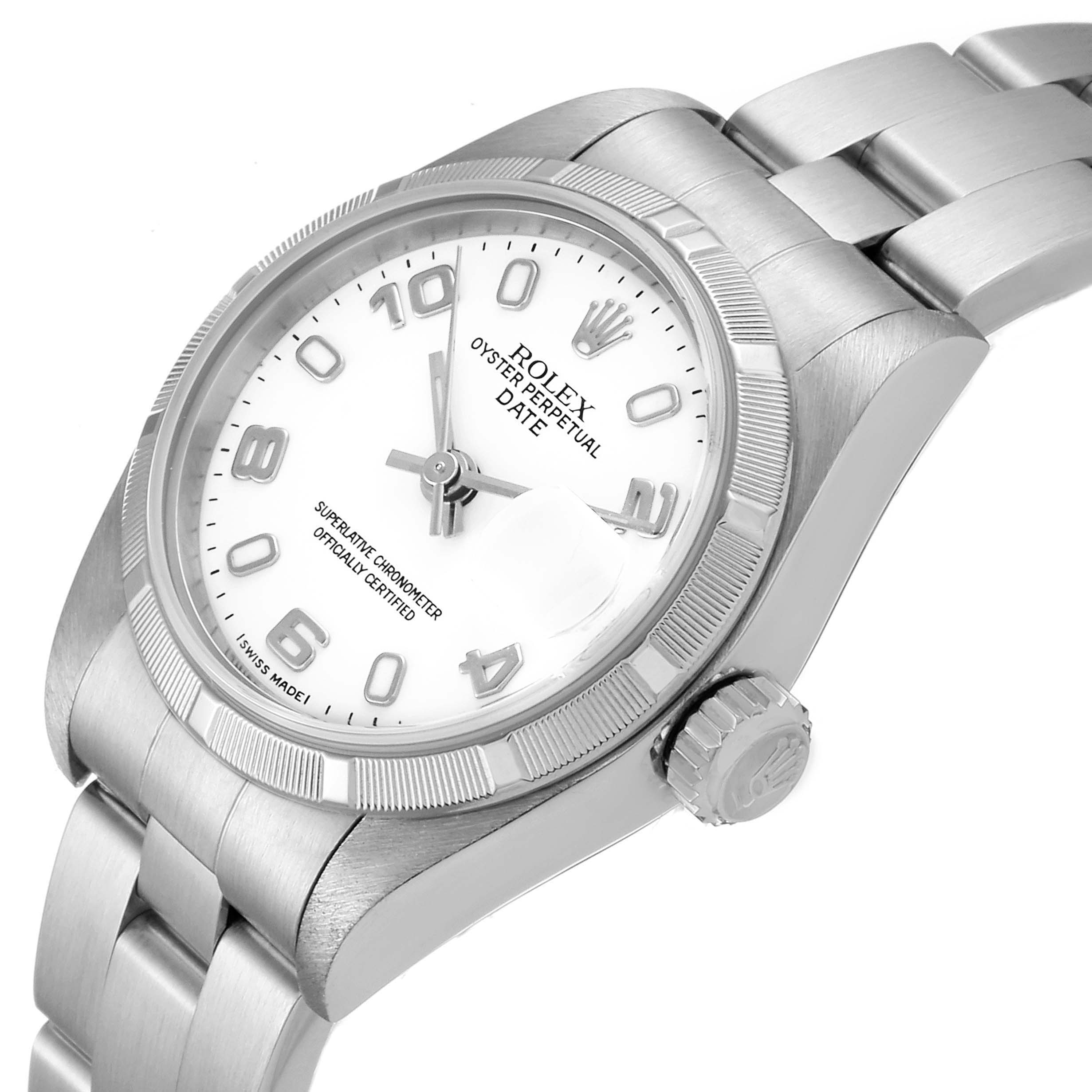 The image shows a side angle of a Rolex Date 79190 Women's Stainless Steel White Dial 79190 Women's Stainless Steel White Dial model watch, featuring the dial, bezel, crown, and part of the bracelet.
