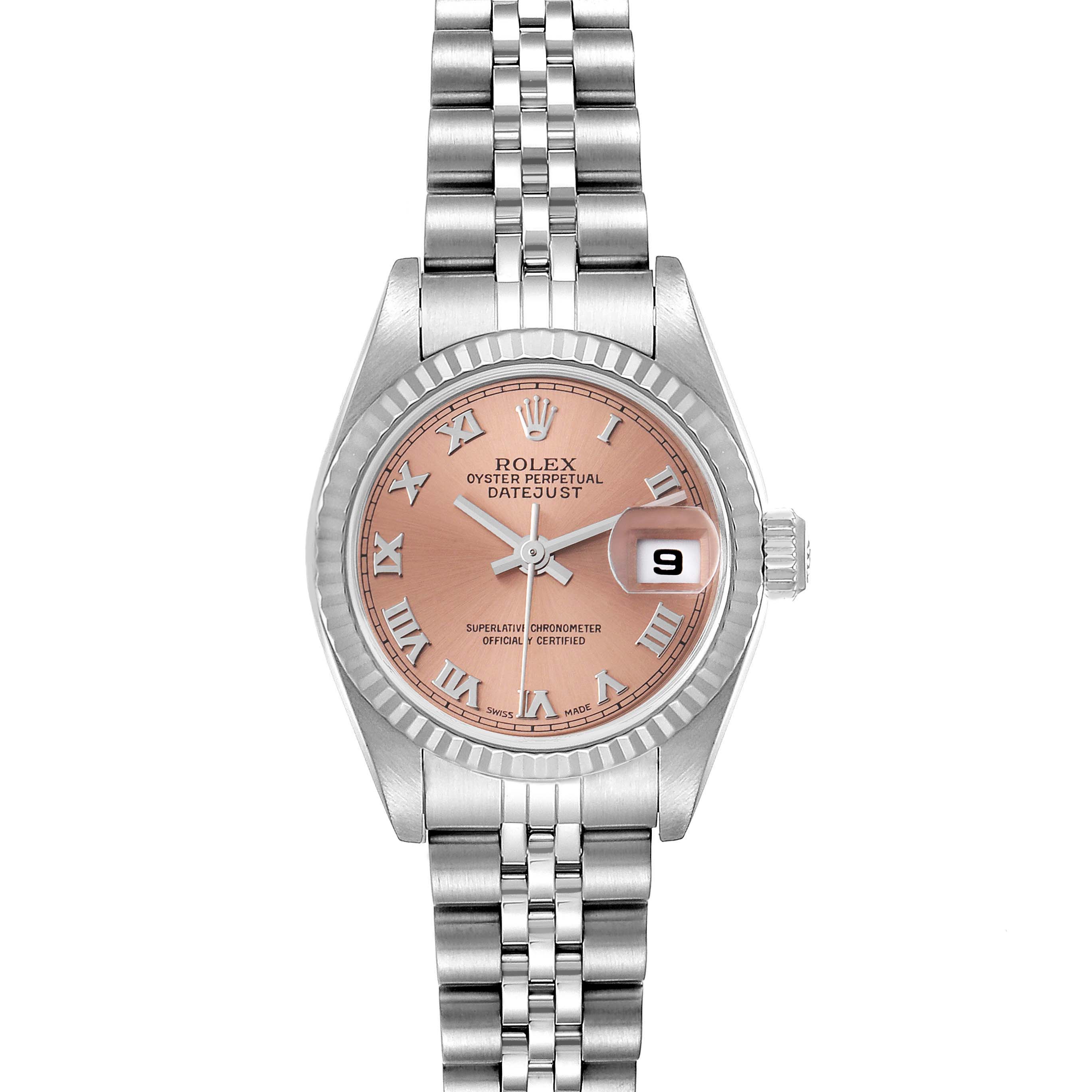 The Rolex Datejust 79174 Women's Stainless Steel Pink Dial 79174 Women's Stainless Steel Pink Dial watch is shown from a top-down angle, highlighting its pink dial, Roman numerals, date window, and stainless steel bracelet.
