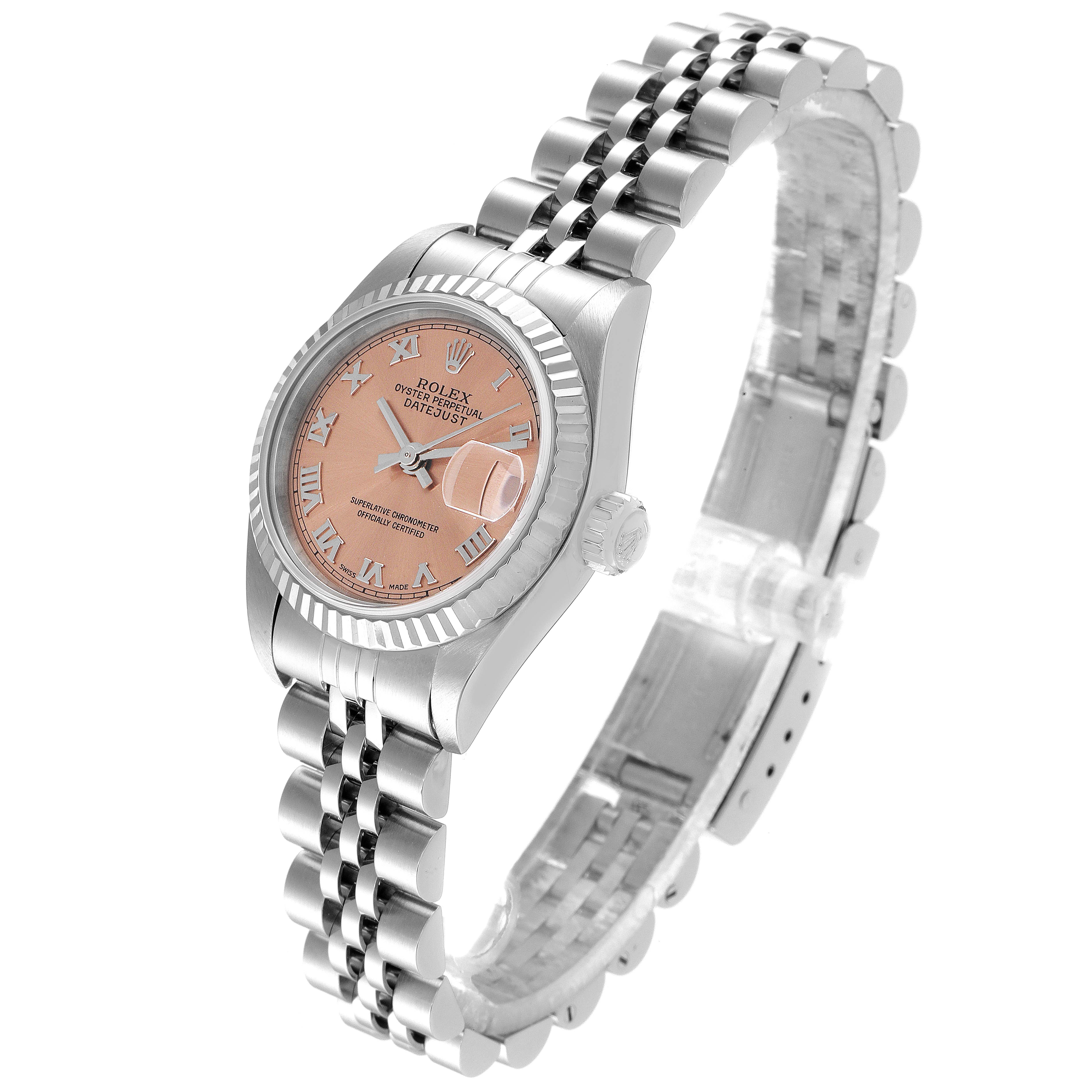 The image shows a Rolex Datejust 79174 Women's Stainless Steel Pink Dial 79174 Women's Stainless Steel Pink Dial watch at a three-quarter angle, highlighting the dial, bezel, and bracelet.
