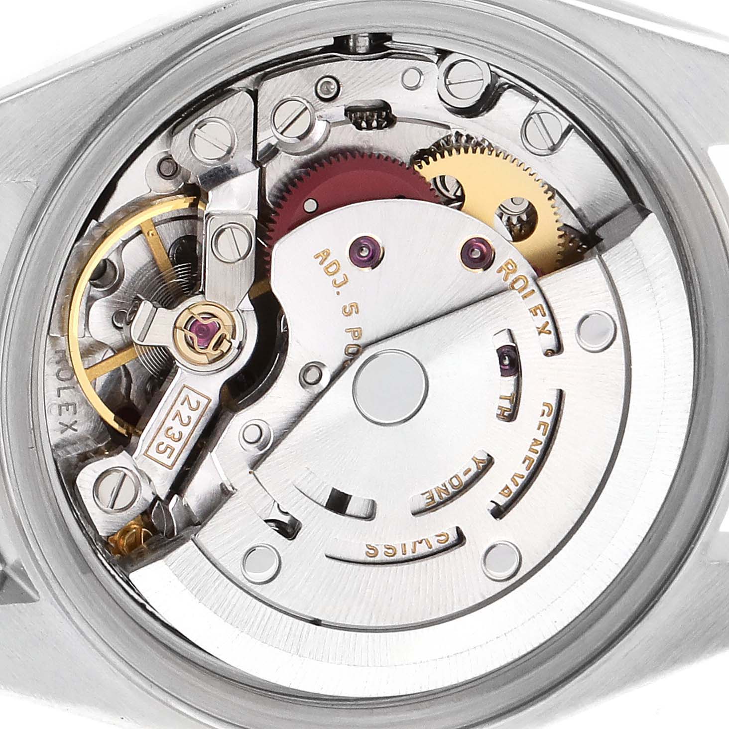 This is an internal view showing the mechanical movement of the Rolex Datejust 79174 Women's Stainless Steel Pink Dial 79174 Women's Stainless Steel Pink Dial watch.