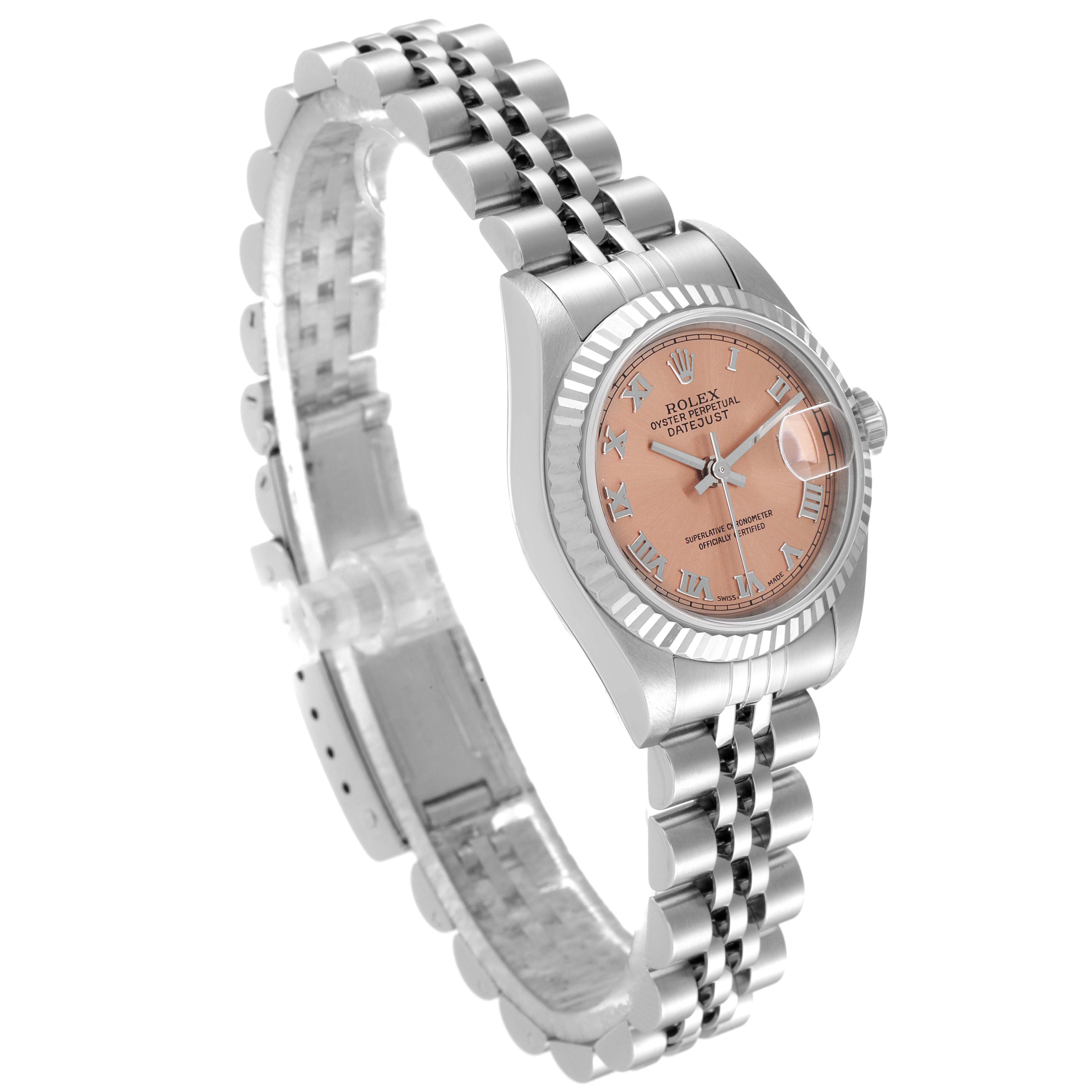 The image shows a Rolex Datejust 79174 Women's Stainless Steel Pink Dial 79174 Women's Stainless Steel Pink Dial watch at a three-quarter angle, highlighting the band, dial, and bezel.